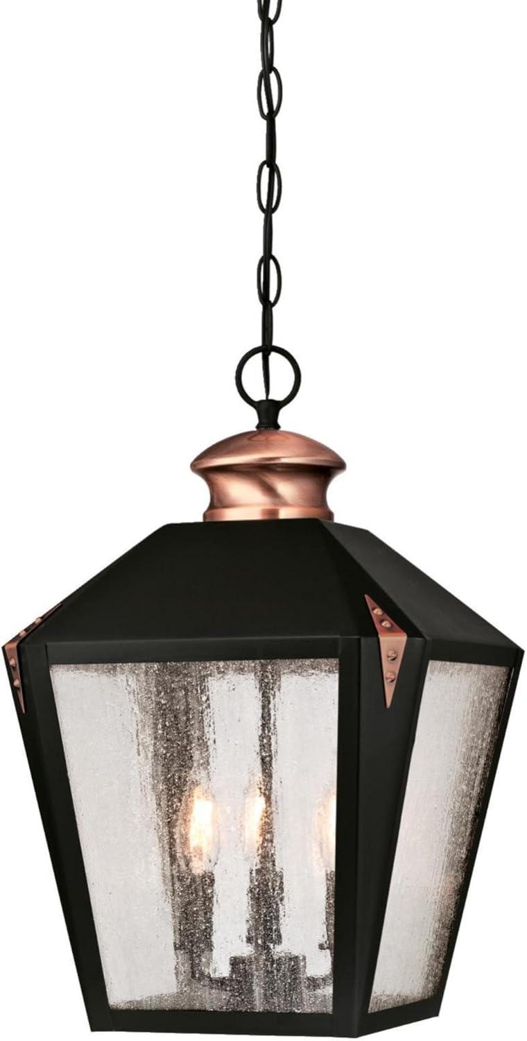 Valley Forge Matte Black Outdoor Pendant with Washed Copper Accents and Clear Seeded Glass