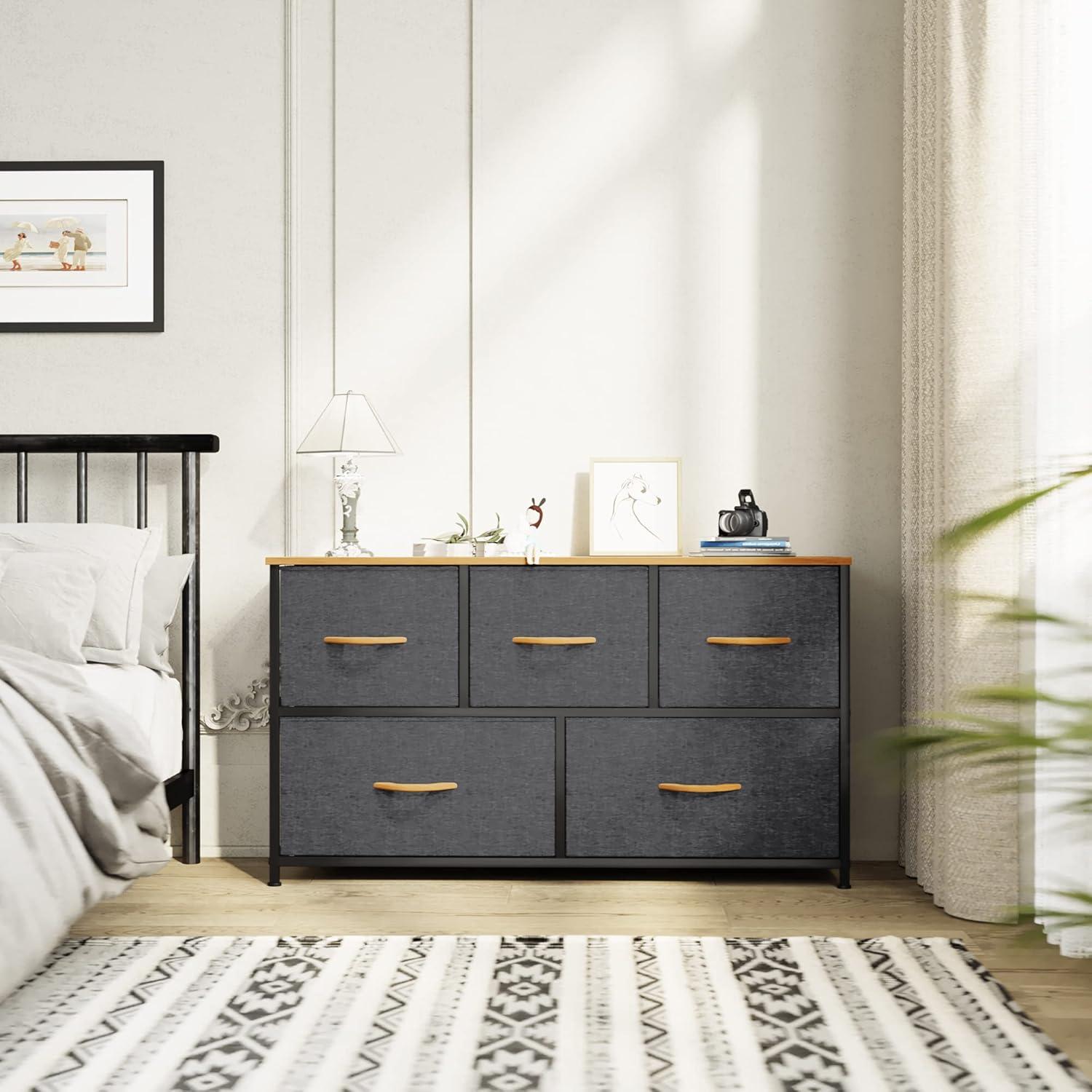 Cool Gray Fabric and Metal Nursery Dresser with Wooden Top