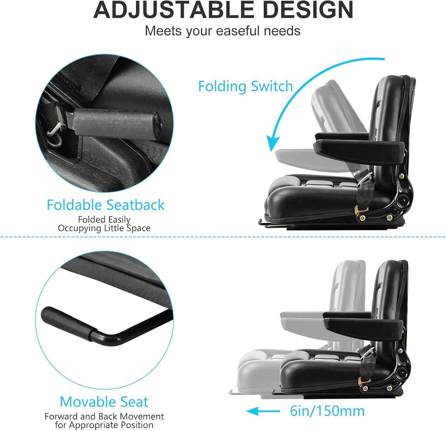 Black Adjustable PVC Forklift and Tractor Seat with Armrests