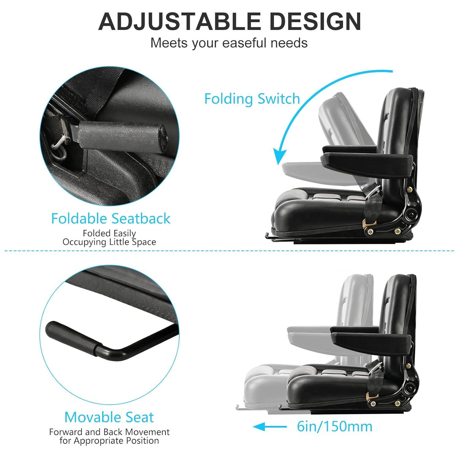 Black Adjustable PVC Forklift and Tractor Seat with Armrests