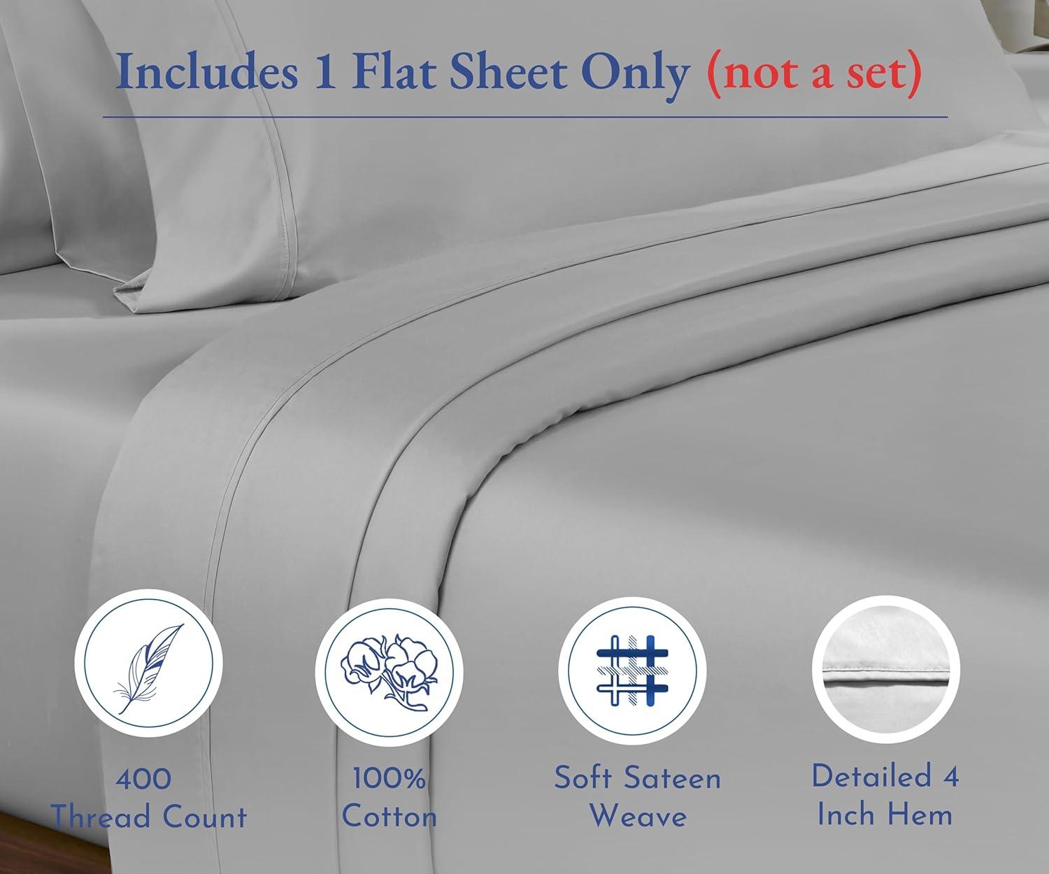Flat Sheet Only, 400 Thread Count 100% Cotton Sateen, Soft & Durable by California Design Den - Light Gray, King