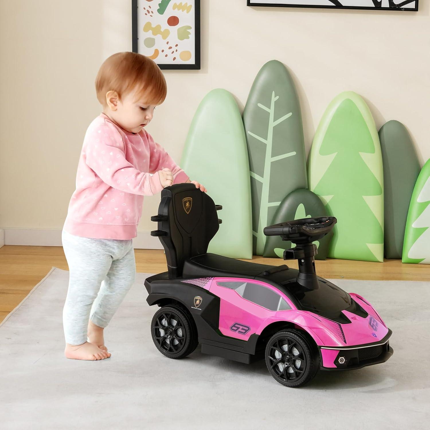Costway 3-in-1 Licensed Lamborghini Ride on Push Car Stroller Sliding Car w/ Sound Pink