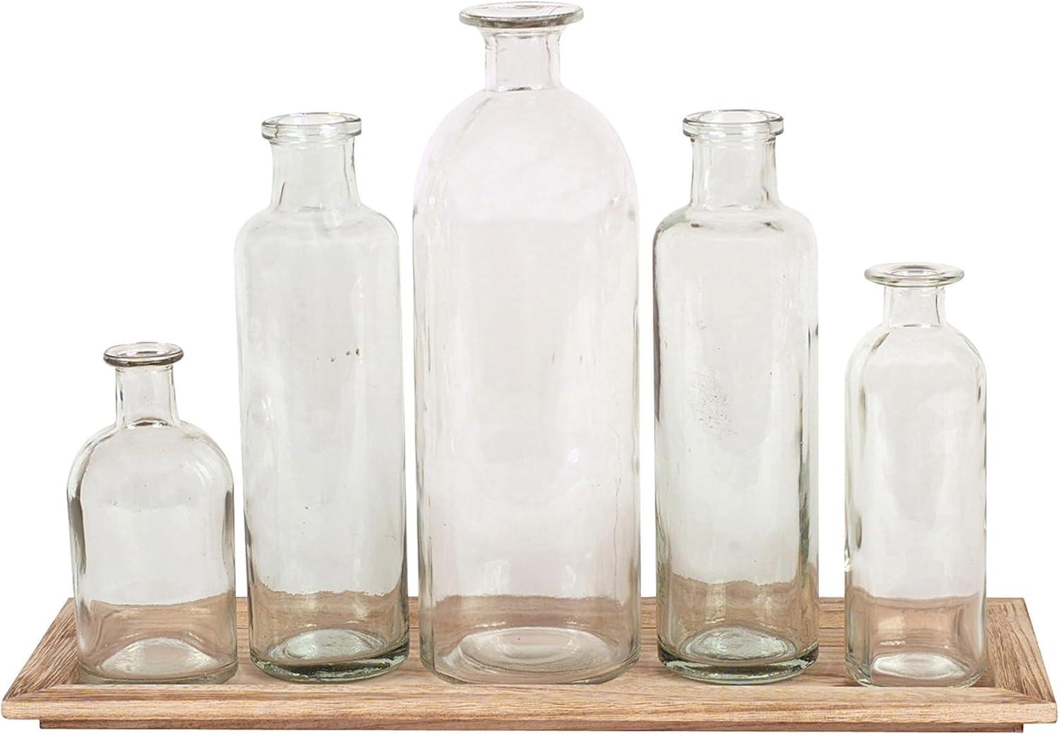 Creative Co-Op Set of 5 Vintage Bottle Vases on Wood Tray, Clear and Natural, Set of 6