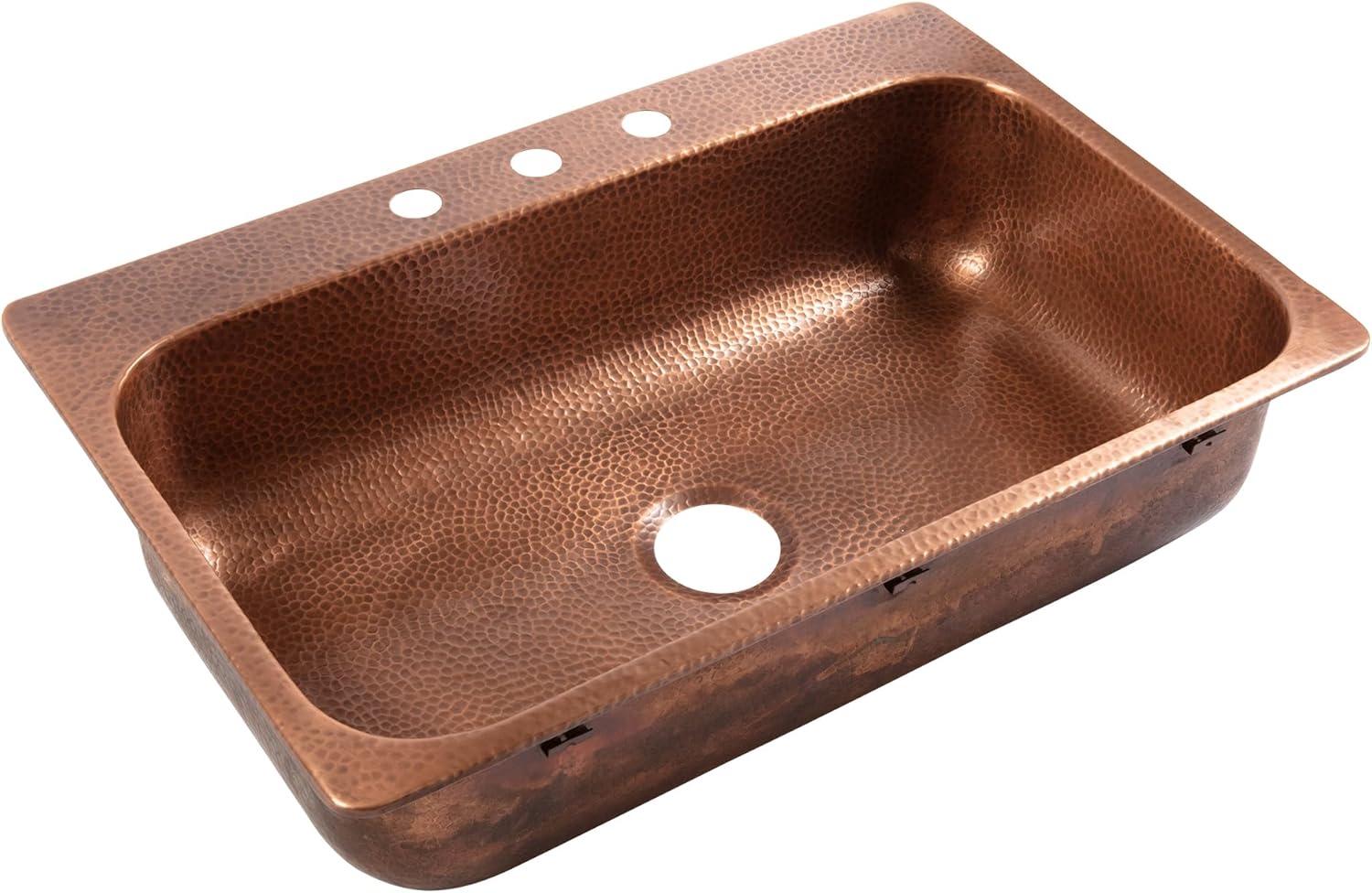 Angelico Copper 33" Single Bowl Drop-In Kitchen Sink with 3 Holes