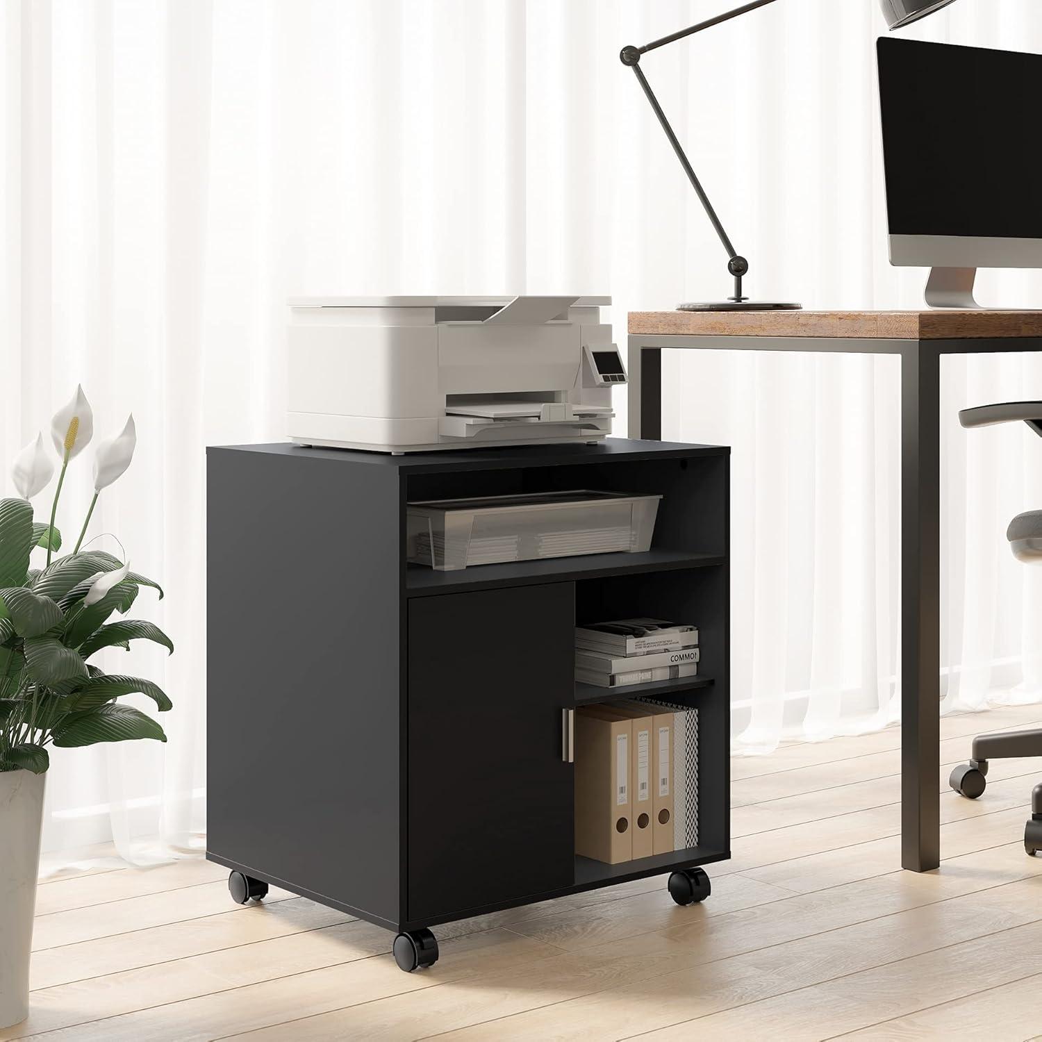 Black Wood Mobile Printer Stand with Adjustable Shelves