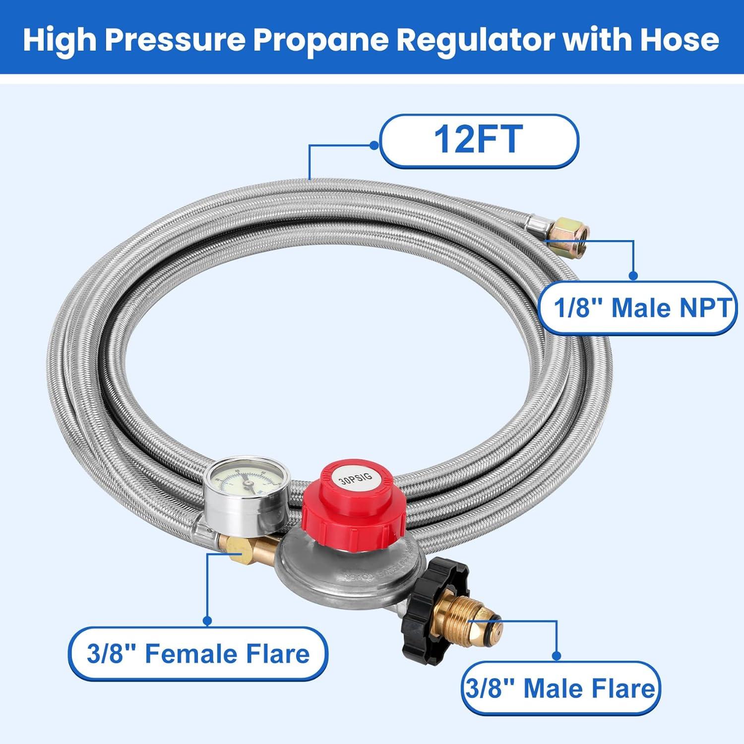 Gaspro 12ft 0-30 PSI Adjustable Propane Regulator with Gauge Stainless High Pressure Propane Hose with Regulator and  3/8" Female Connector