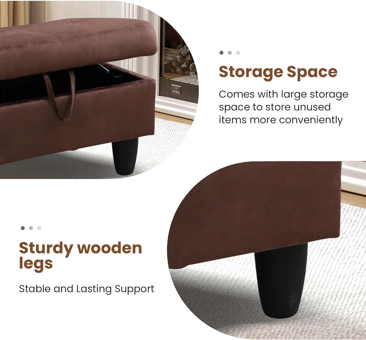 Chocolate Flannel Upholstered Storage Ottoman Bench with Legs