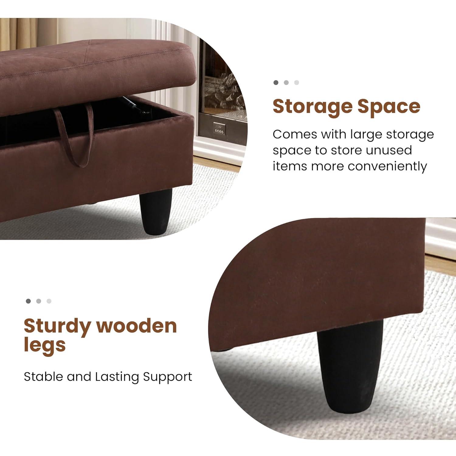 Chocolate Flannel Upholstered Storage Ottoman Bench with Legs