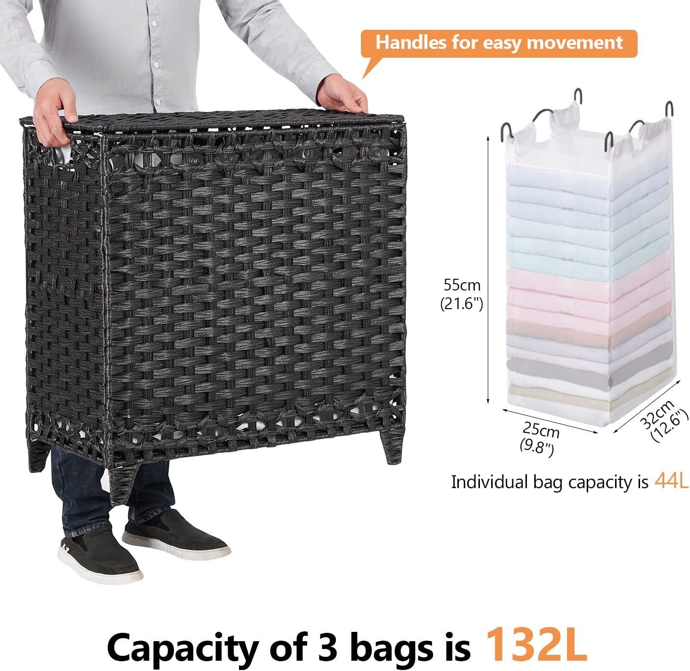 Black Wicker Laundry Hamper with Removable Liner Bags