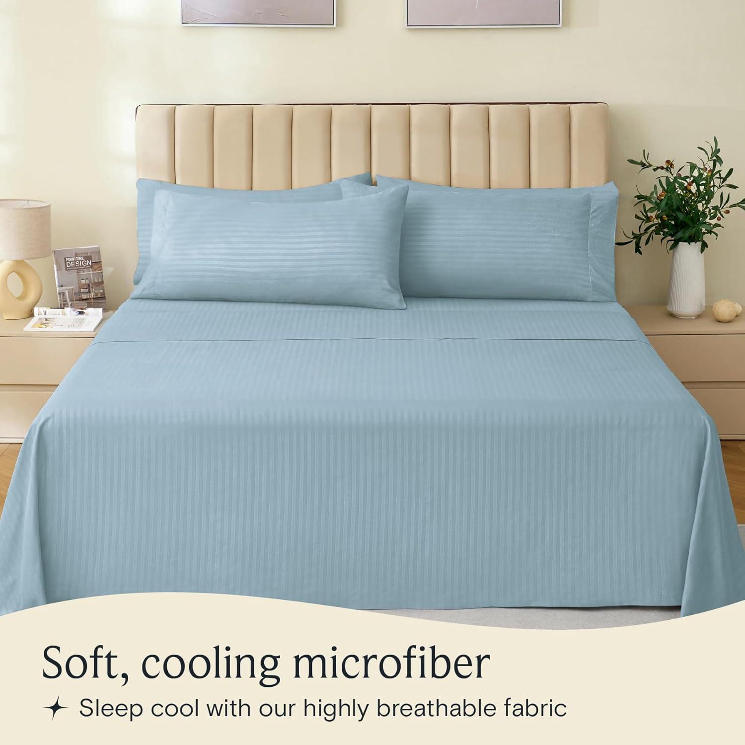 LuxClub 6 PC Light Blue King Microfiber Striped Performance Sheet Set, Soft Cooling Eco-Friendly Bed Sheets with 18in Deep Pockets