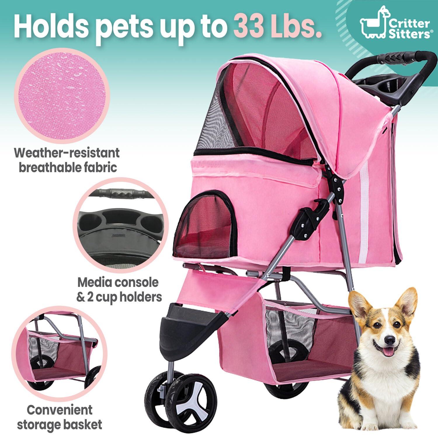 Pink 3-Wheel Jogging Pet Stroller with Storage Basket