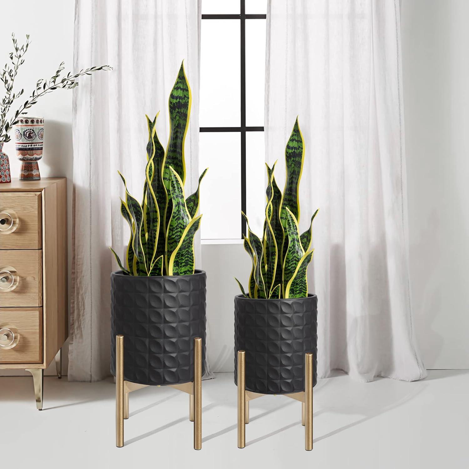 Mid-Century Modern Black and Gold Iron Planter Set