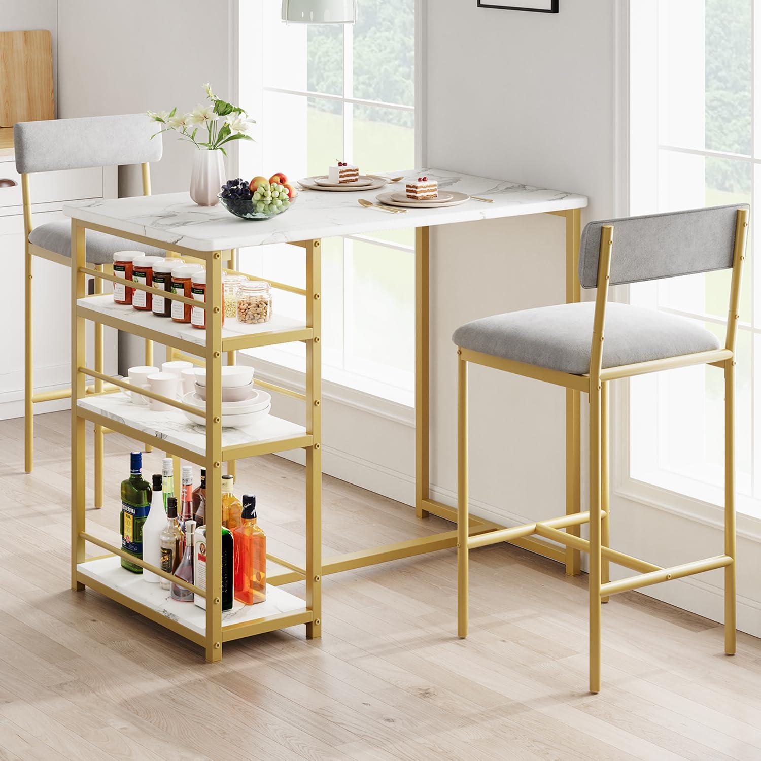 Gold and Gray 3-Piece Dining Set with Storage Shelves