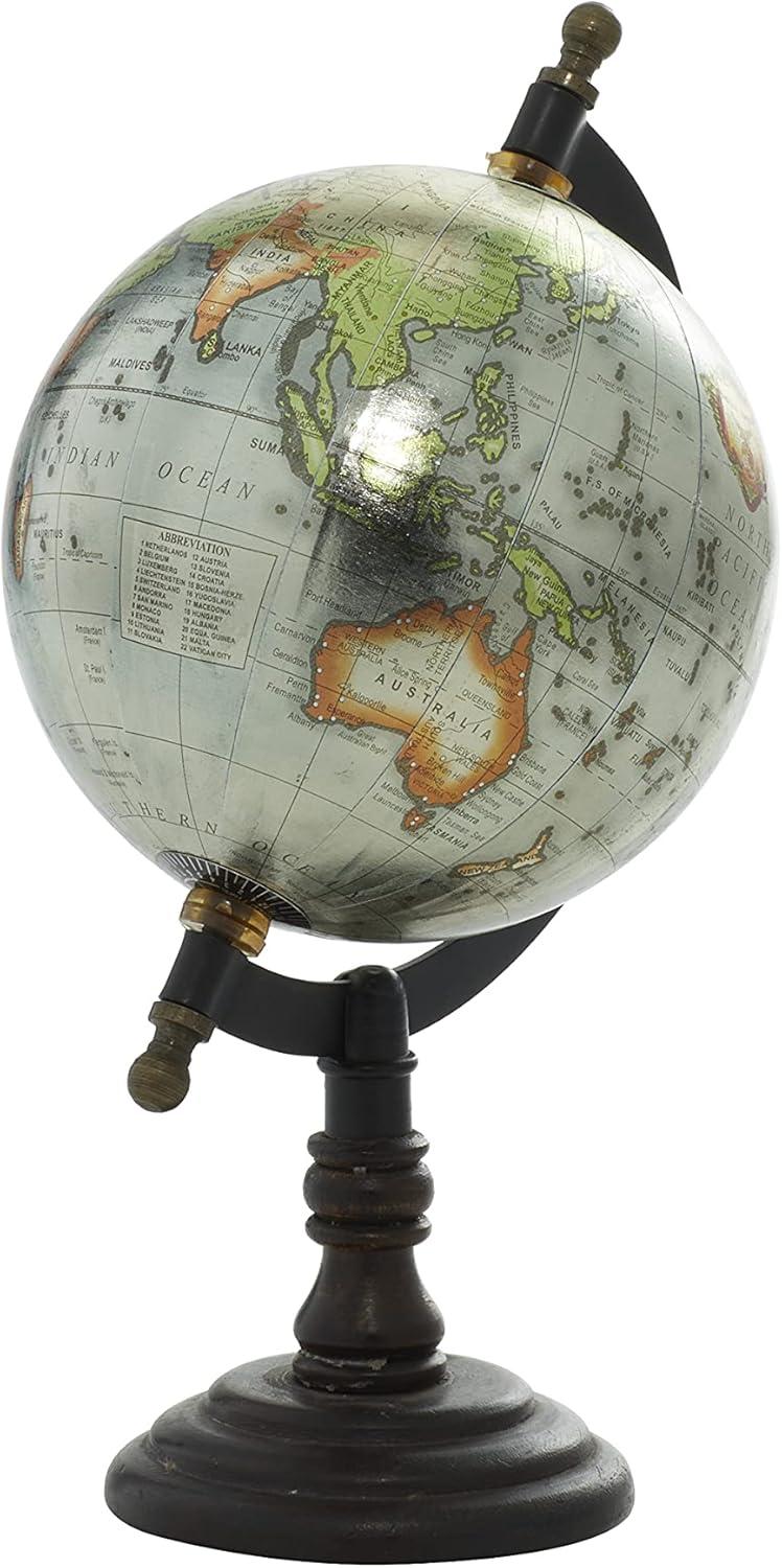 Dec Mode Traditional Mango Wood and Iron Colorful Spinning Globe Table-Top Décor, 6"W x 10"H, Brown, Features a Round Orb with Topographical Map