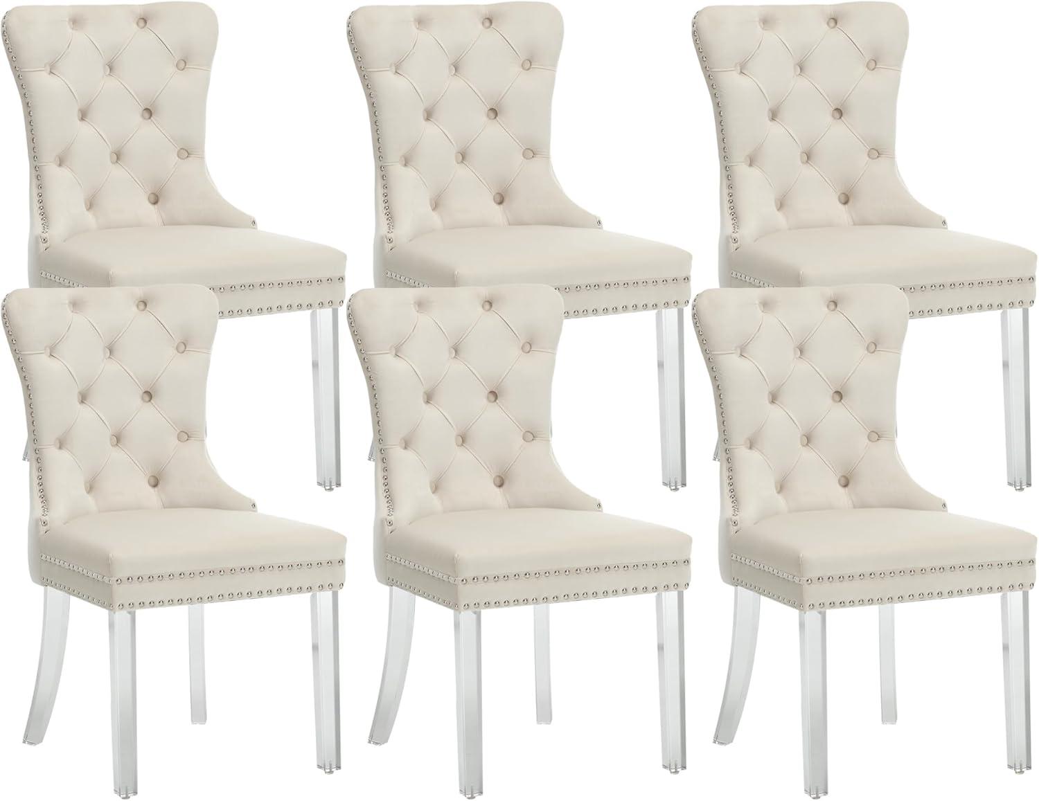 ODUSE-DAILY Beige Velvet Dining Chairs Set of 6, Kitchen & Dining Room Chairs, Tufted Dining Chairs, Fabric Upholstered, Solid Wood, Sillas De Comedor (Beige, 6 Pcs)