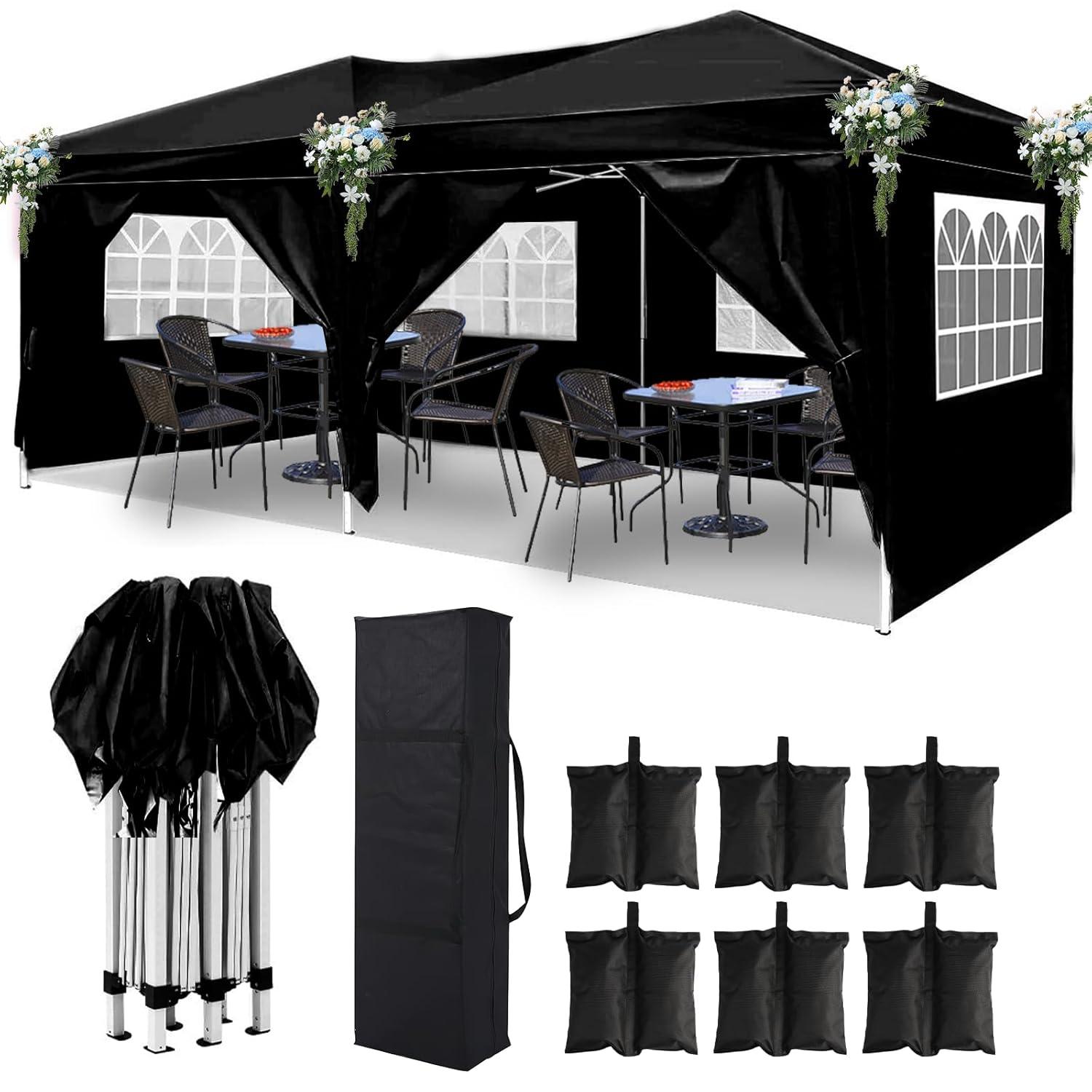 10x20 Black Pop Up Canopy Outdoor Party Tent with 6 Sidewalls, Wedding Party Tent Outdoor Waterproof UV50 Canopy Event Shelter Tents for Parties, 6 pcs Weight Bag,Carry Bag
