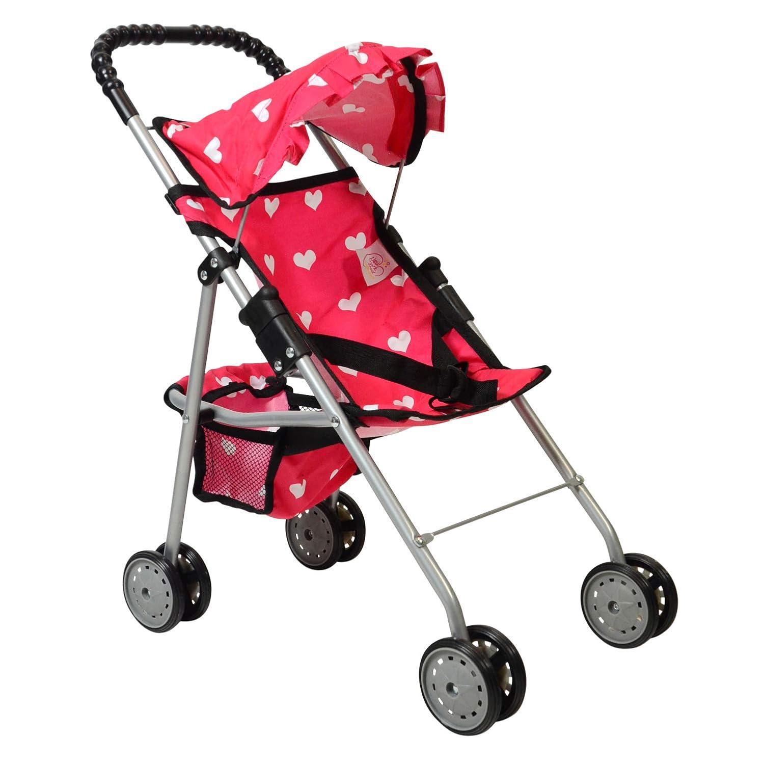 The New York Doll Collection Baby Doll Stroller - My First Toy Stroller for Kids Age 1+ Pink Heart Design
