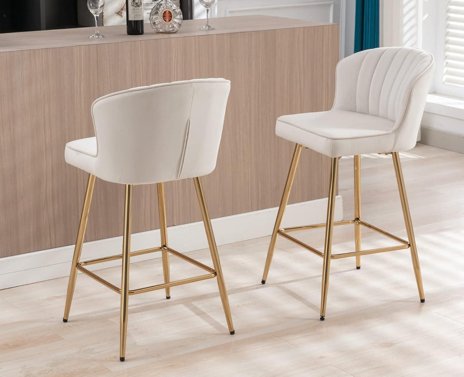 Counter Height Stools Set of 2, Velvet Bar Stools with 27 Inches Upholstered Seat Height, Handmade Woven Back Armrest, Sturdy Golden Metal Legs for Home Dining Pub Kitchen Island, Beige