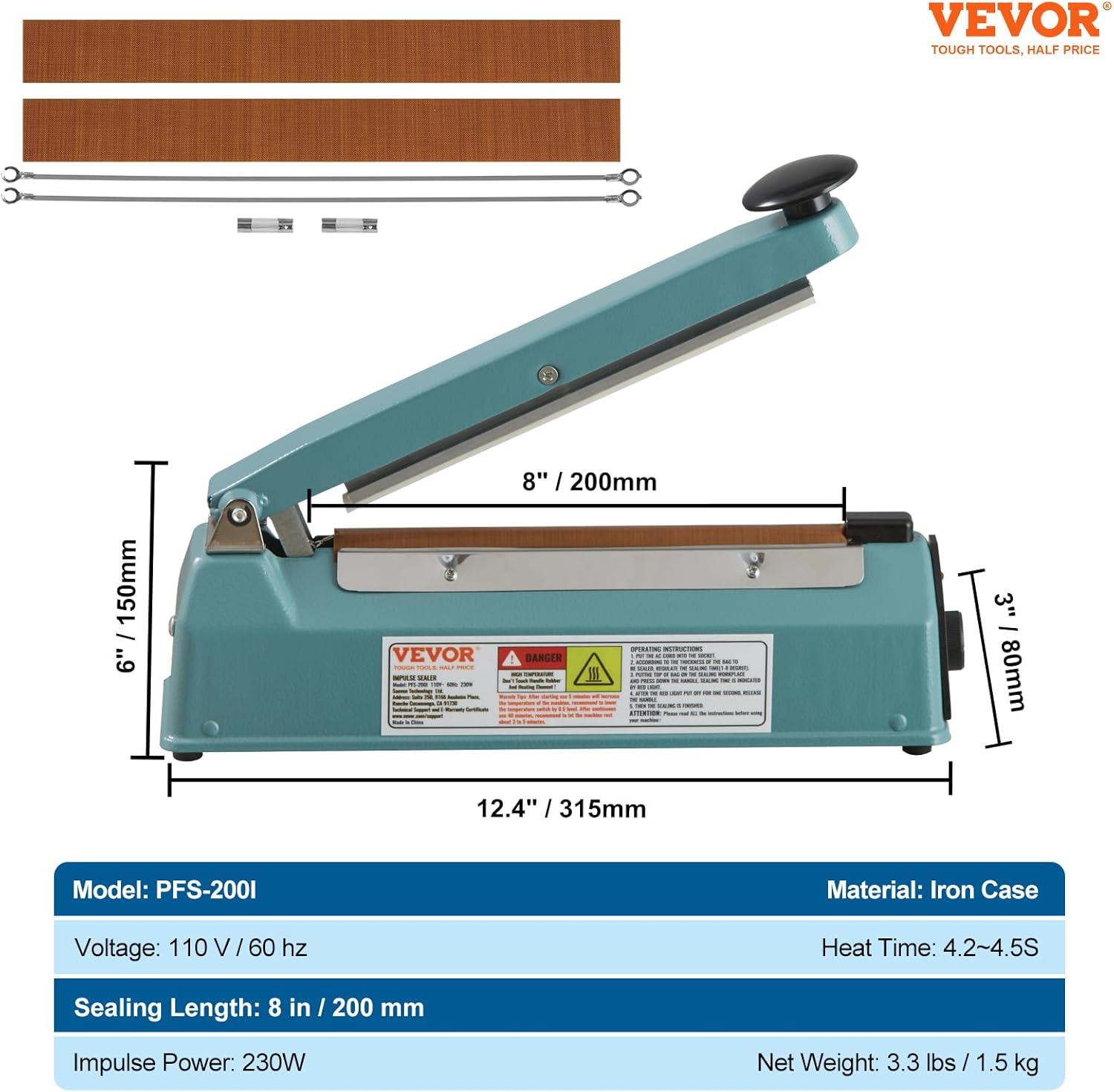 VEVOR VEVOR 8" Iron Hand Impulse Heat Sealer Machine Poly Bag Sealing for Plastic Bag