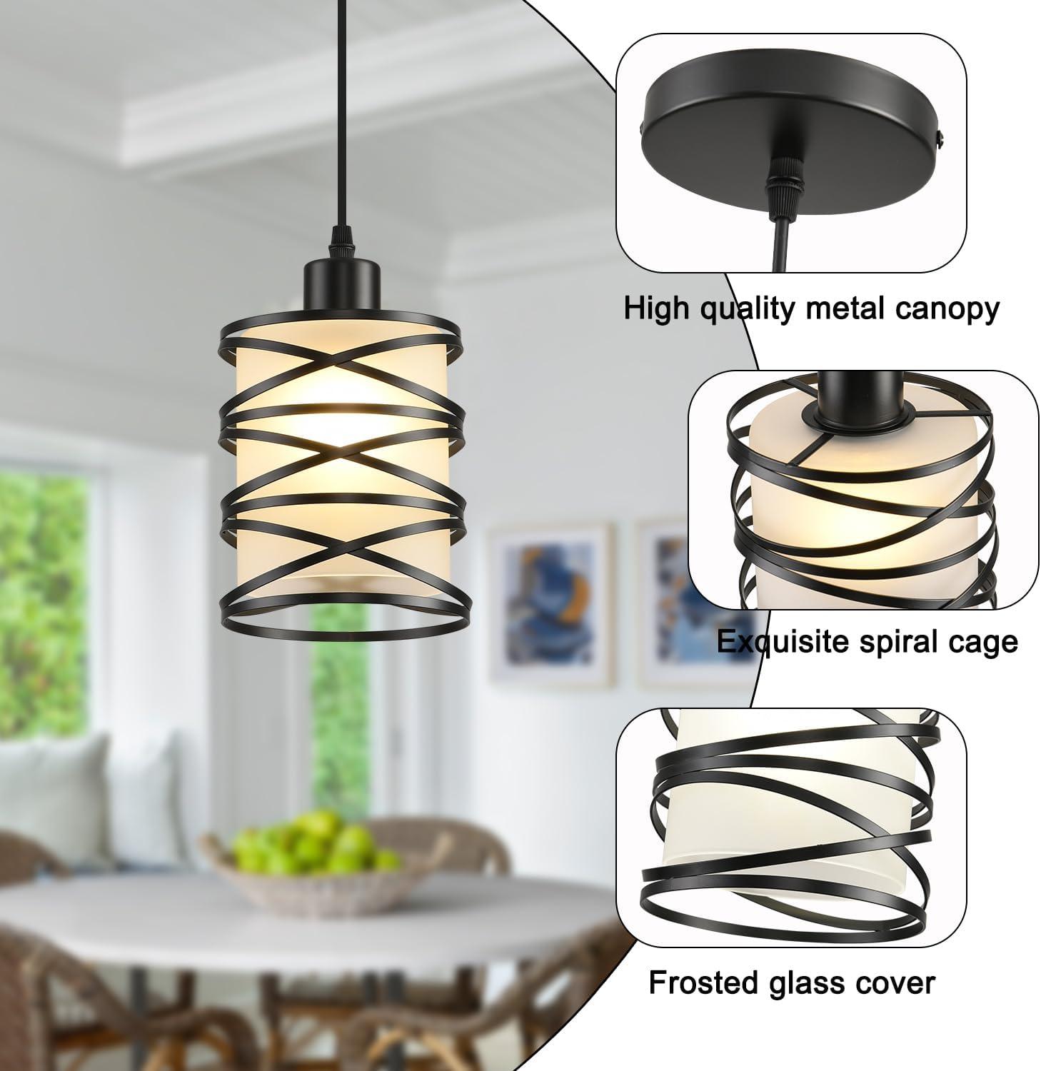 2 Pack Pendant Light Kitchen Island Pendant Lighting, Hanging Light with Spiral Cage Frosted Glass Shade, Black Modern Indoor Hanging Lamp for Dining Room Kitchen Island
