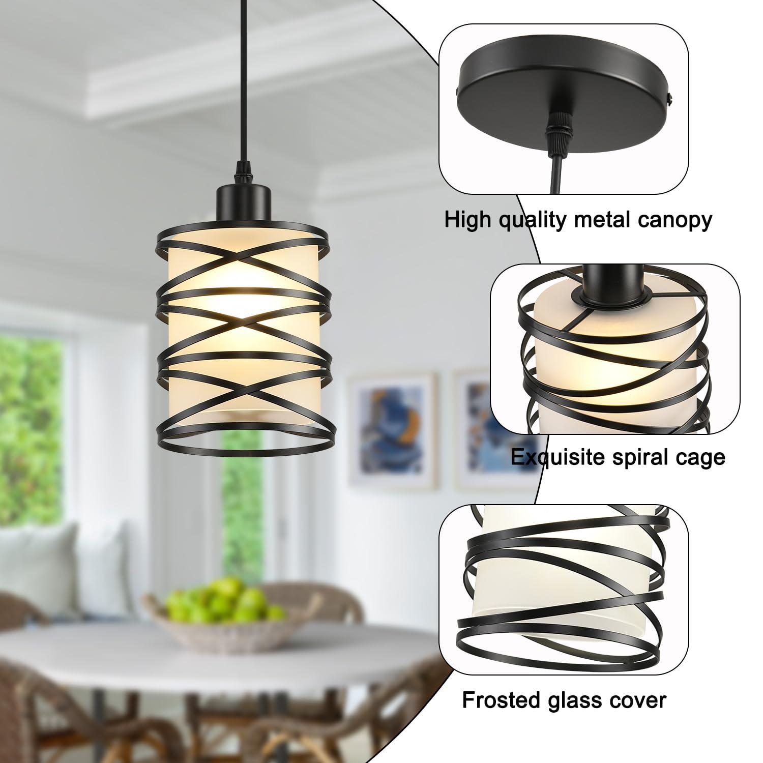 2 Pack Pendant Light Kitchen Island Pendant Lighting, Hanging Light with Spiral Cage Frosted Glass Shade, Black Modern Indoor Hanging Lamp for Dining Room Kitchen Island