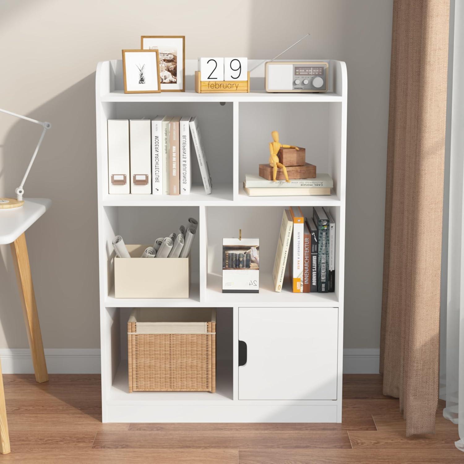 Kids Bookcase, Bookshelf with 6 Compartments, Shelves and Cube Organizer, for Bedroom Living Room Office Closet School in White