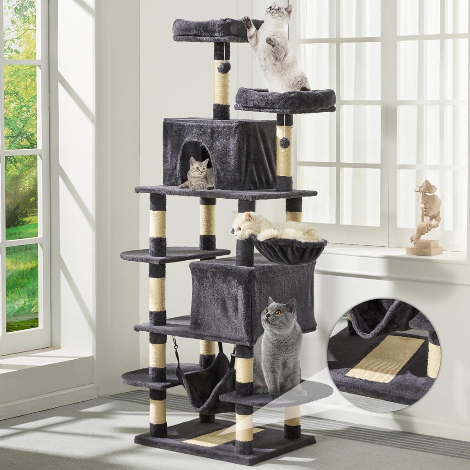 Light Gray Multi-Level Cat Tree with Sisal Posts and Hammock