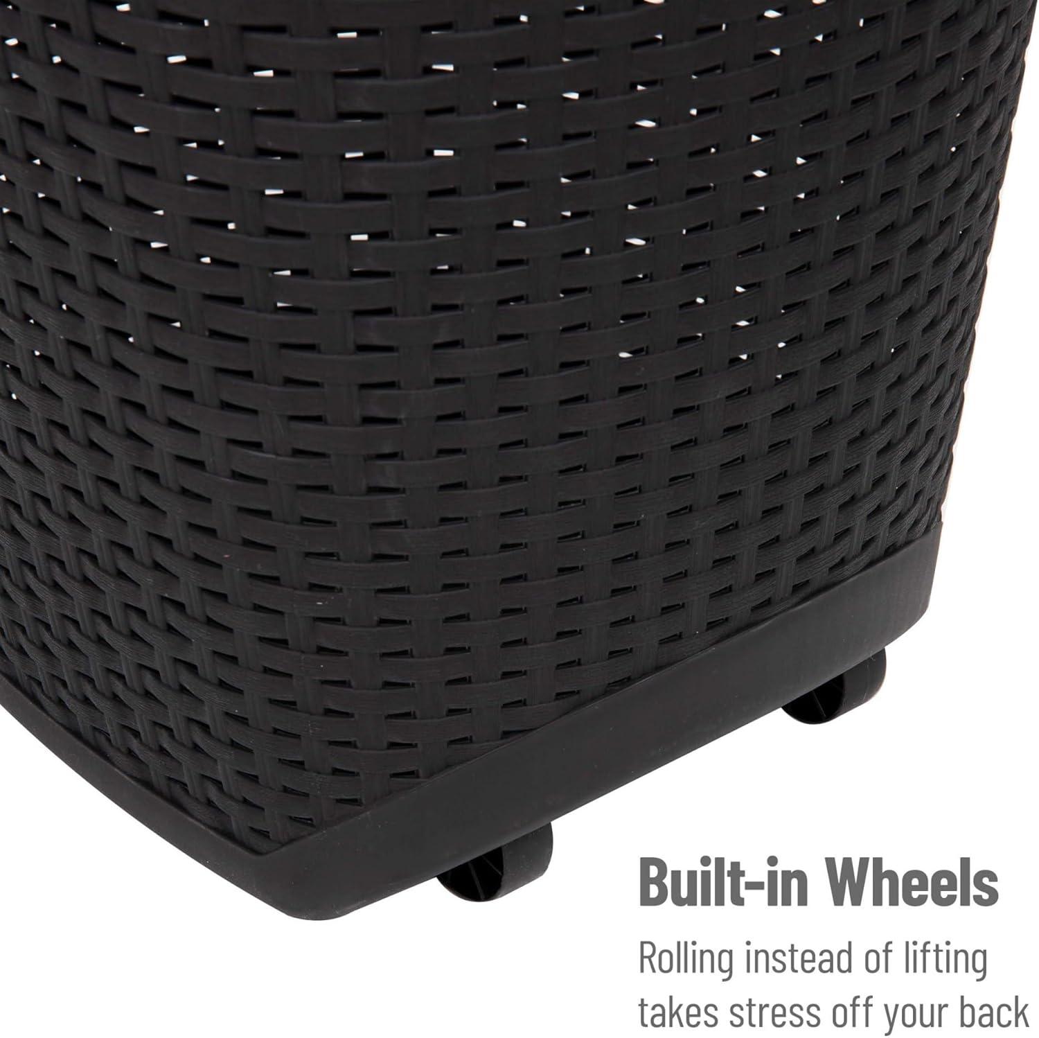 Black Plastic Wicker Style Rolling Laundry Hamper with Lid