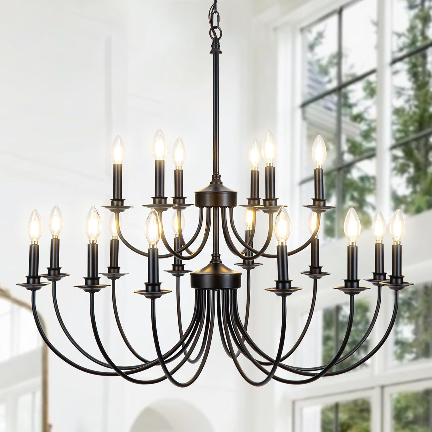 Gracie Oaks Vintage Farmhouse 18-Light 2-Tier Black Chandelier, Retro Round Pendant Light Fixture For Industrial Decor