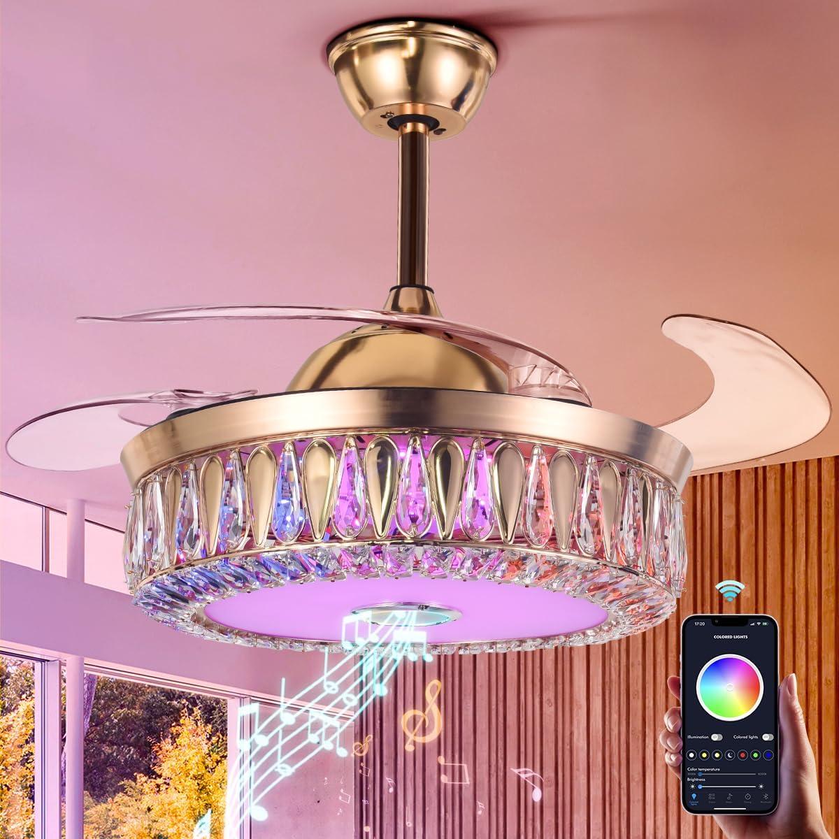 HOOMEDELIER 42" Chandelier Ceiling Fan with Remote, Crystal Beads Framed Fan with 4 Retractable Blades Smart Indoor Fandelier Fan