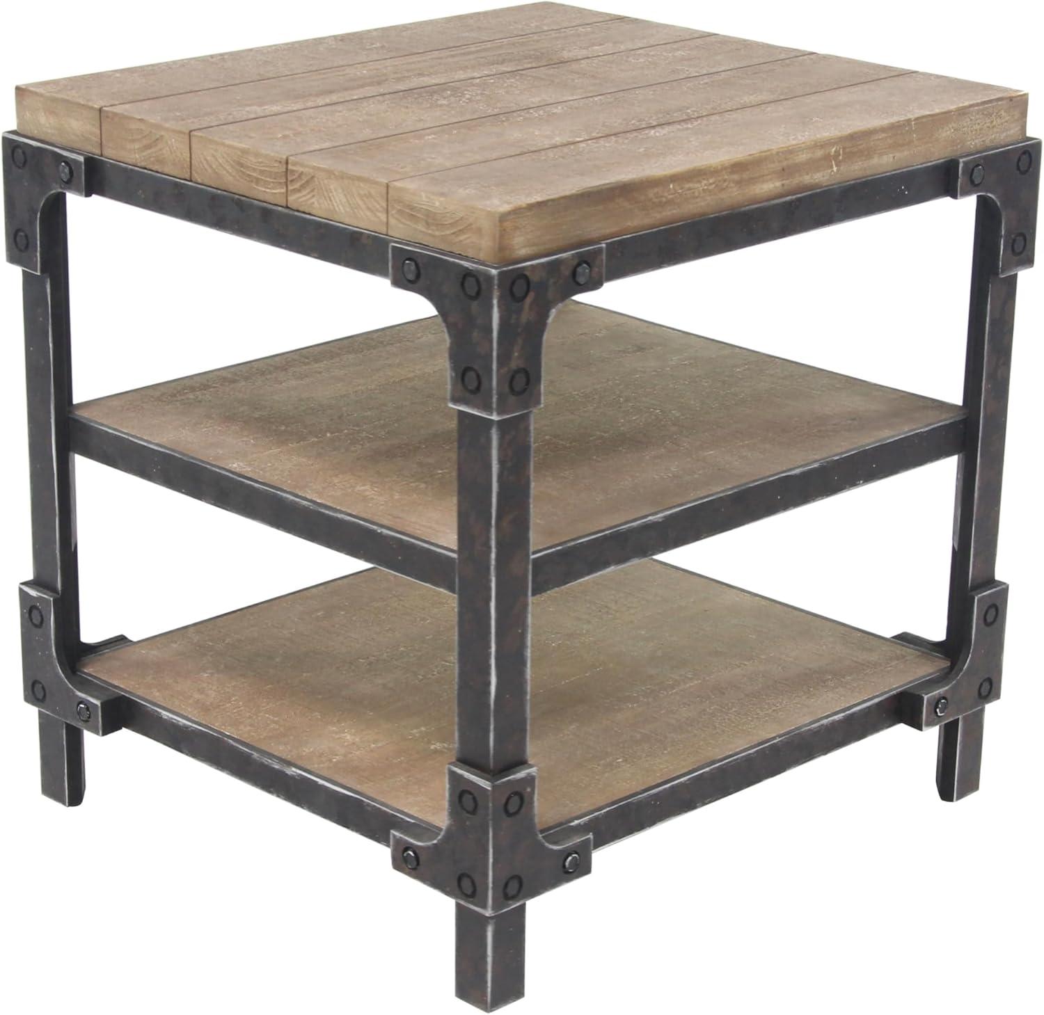 Olivia & May Industrial 3 Tier Side Table Brown: Sturdy Wood Frame, Fixed Shelves, Square Shape