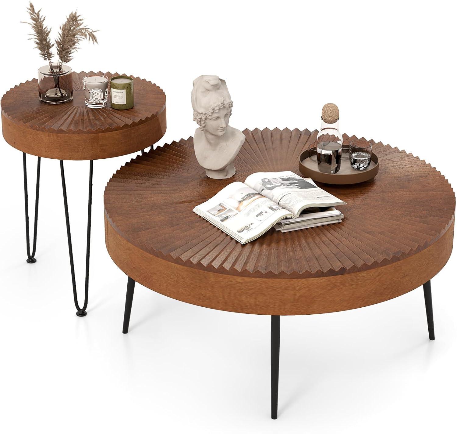 Millwood Pines Set of 2 Boho Round Coffee Table with Solid Pine Wood Top and Metal Legs