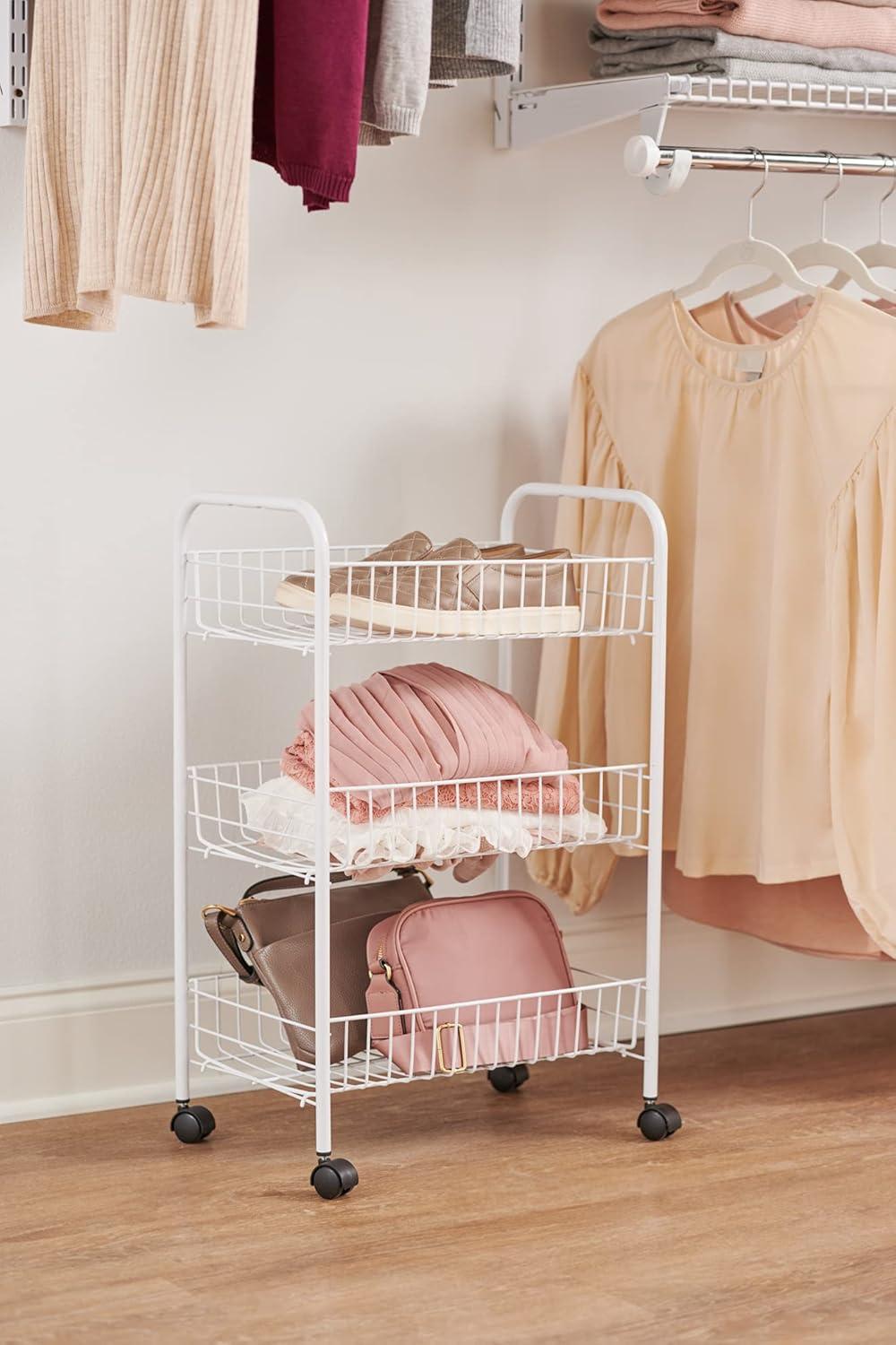 Rubbermaid Freestanding 3-Shelf Metal Wheeled Storage Cart, White. For Laundry and Closet Organization. Great for tight spaces