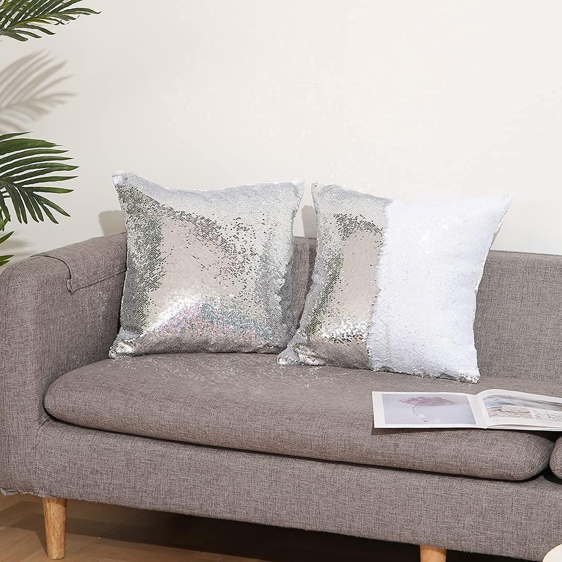 Eternal Beauty Set of 2 Silver Pillow Cover Sequin Decorative Pillow Covers for Couch Sofa Throw Pillows 18 X 18 Inches