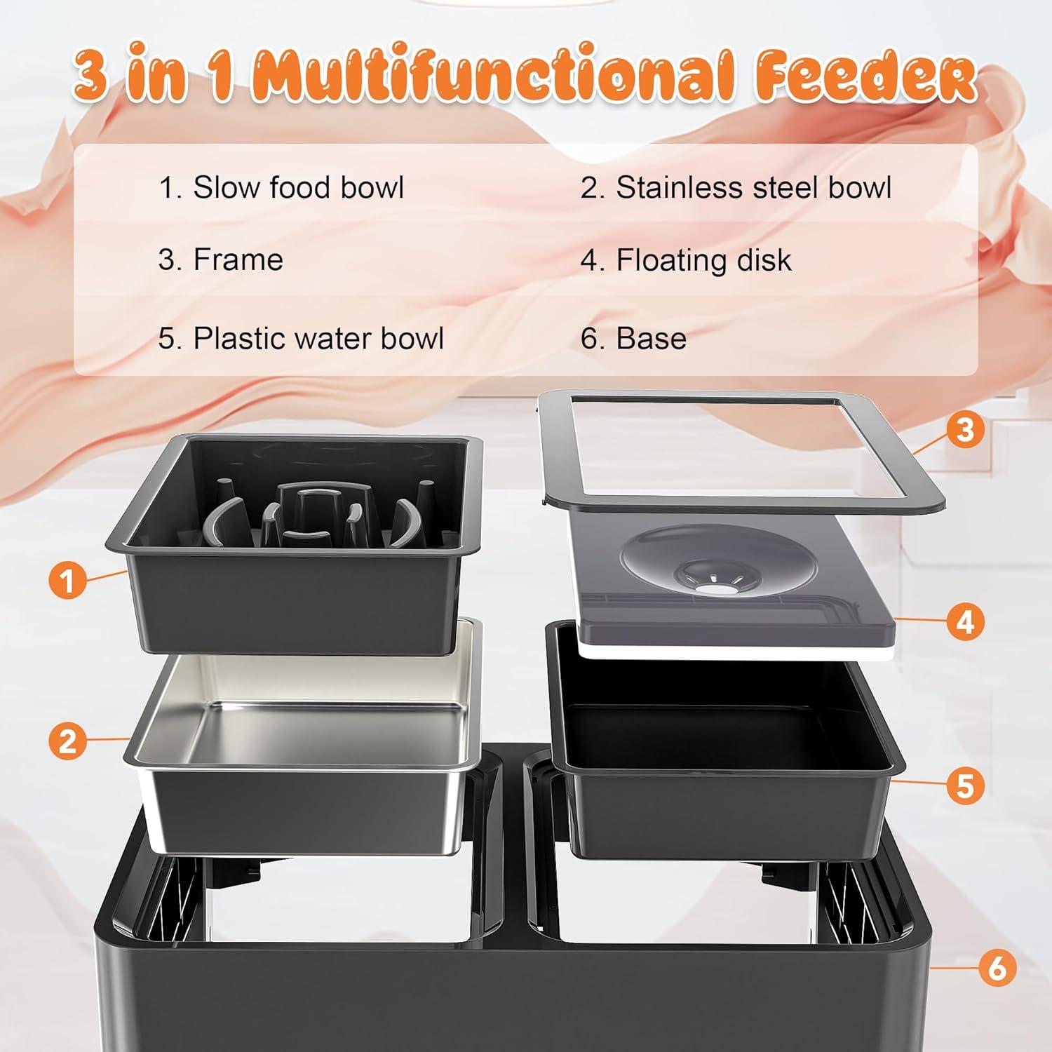 3-in-1 Elevated Dog Bowls, YPF5 4 Height Adjustable Raised Dog Bowls with Stainless Steel Dog Food Bowls, Slow Feeder, No Spill Water Bowl, DIY Stickers Foldable Pet Bowl for Medium Large Dogs