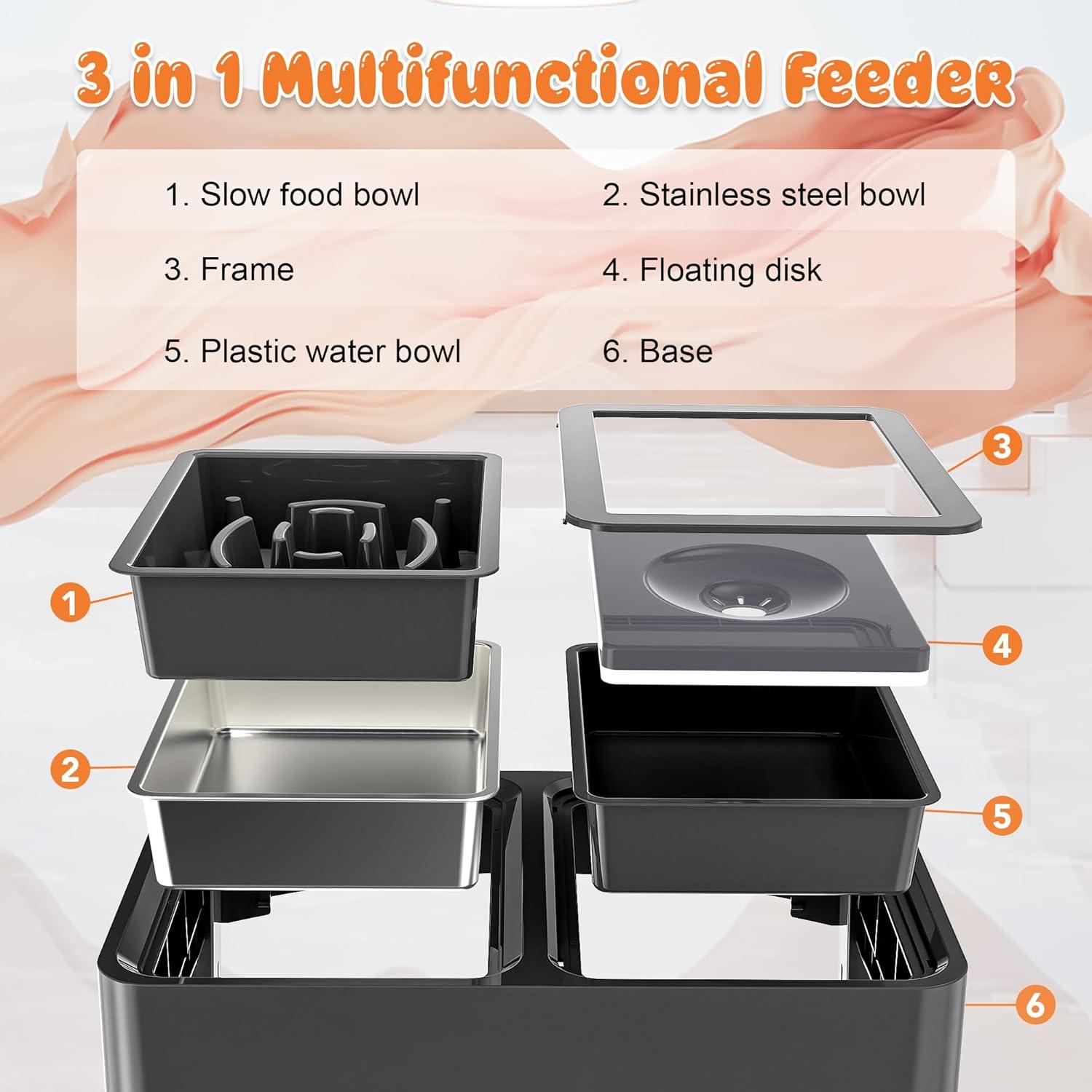 Decflow 3-in-1 Elevated Dog Bowls, 4 Height Adjustable Raised Dog Bowls with Stainless Steel Dog Food Bowls, Slow Feeder, No Spill Water Bowl, DIY Stickers Foldable Pet Bowl for Medium Large Dogs C25