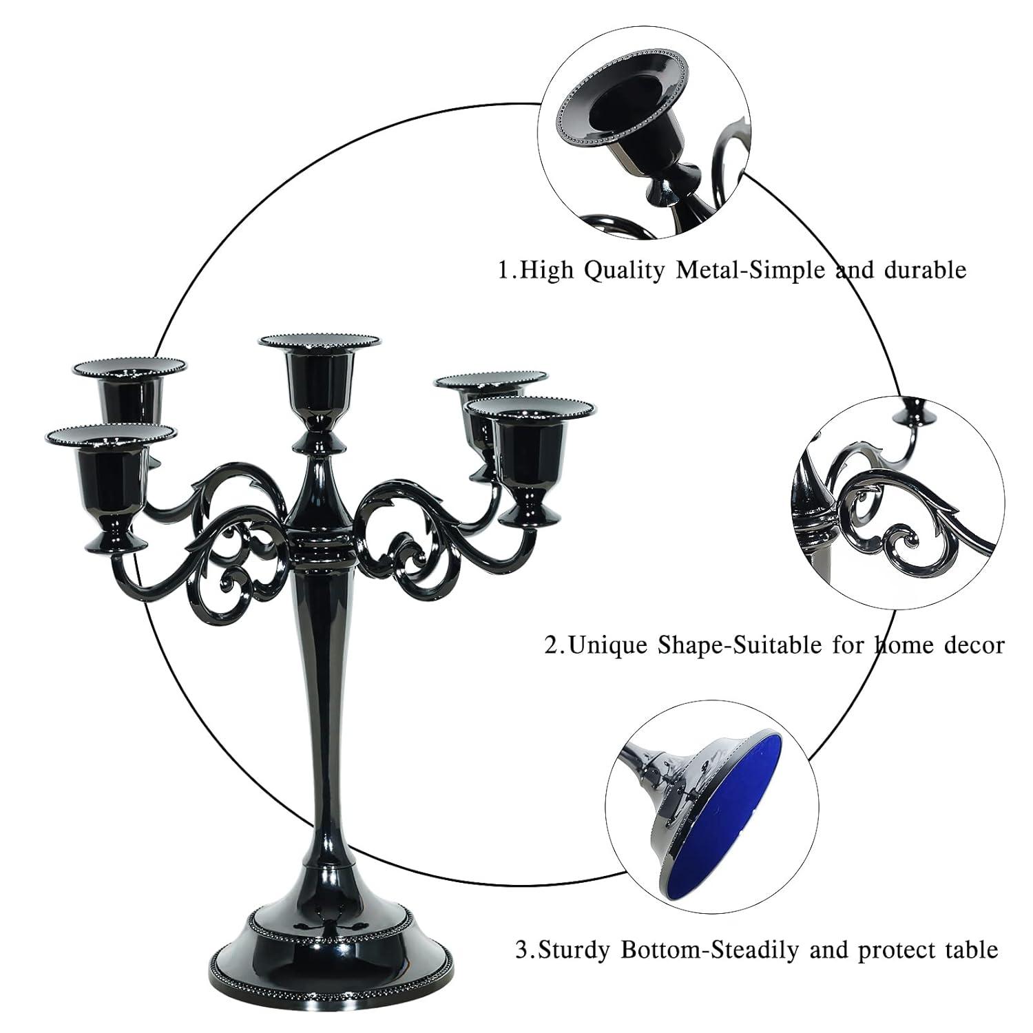 HYEASTR Metal Candelabra 5 Arm Candle Holder for Candlelight Dinner, Retro Candle Stand for Table Decor Centerpiece, Vintage Candlestick for Wedding Halloween Event - Black