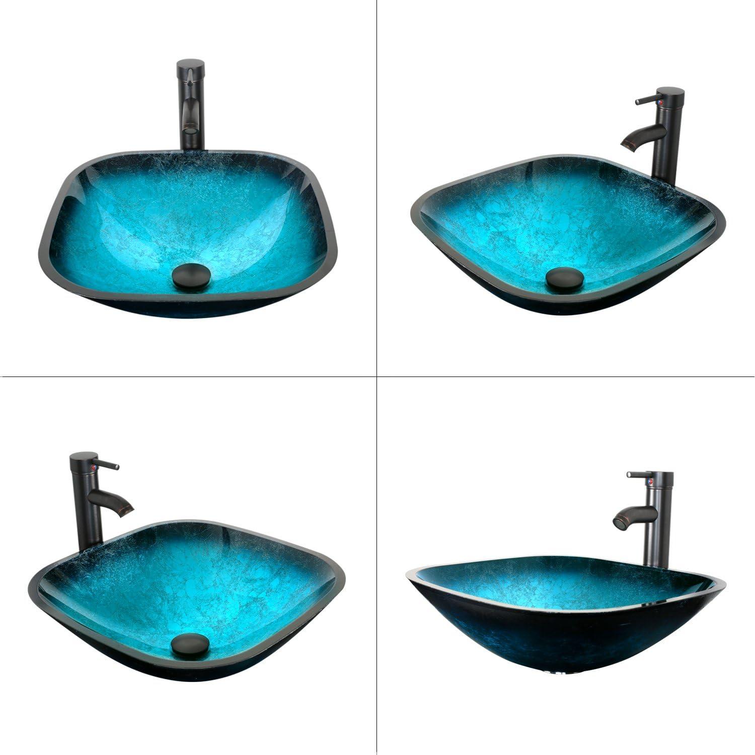 Turquoise Glass Above-Counter Vessel Sink with Faucet and Drain