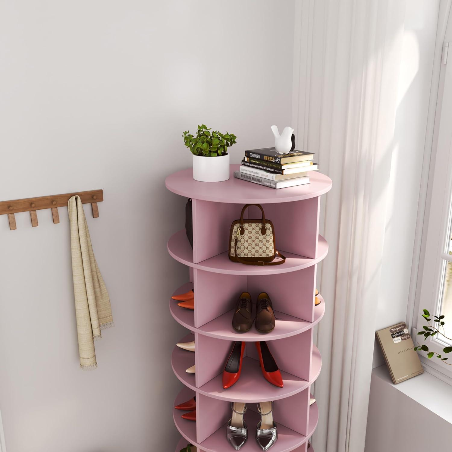 Holaki 6-Tiers 360° Rotating Shoe Rack, Organizer Spinning Shoe Storage, Rotating Shoe Organizer Tower Holds Up to 24 Pairs of Shoes, for Entryway Living Room Hallway, Pink