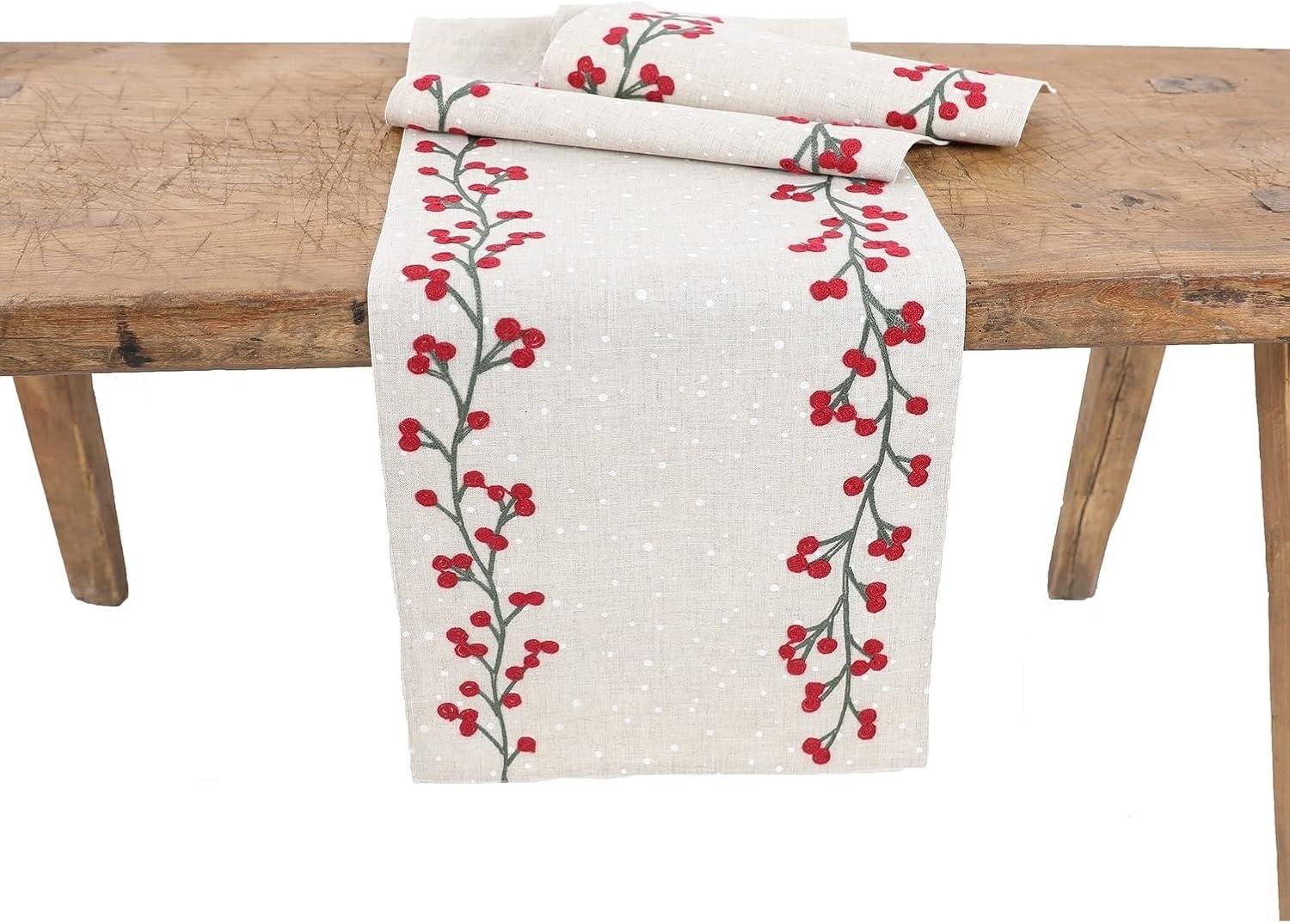 Natural Red Holly Berry Embroidered Christmas Table Runner