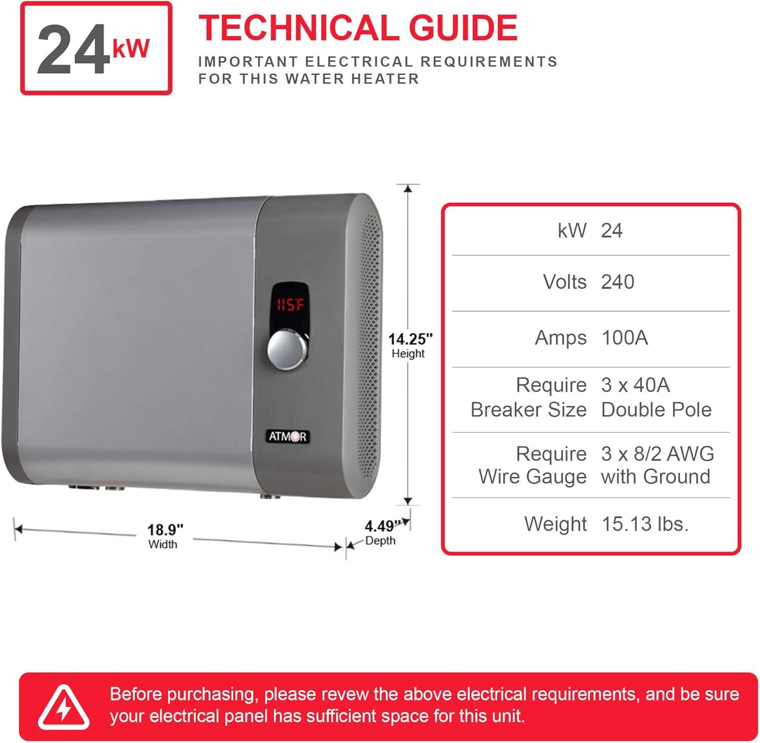 Atmor 24kW 4.65 GPM Electric Tankless Water Heater, ideal for 2 bedroom home, up to 5 simultaneous applications