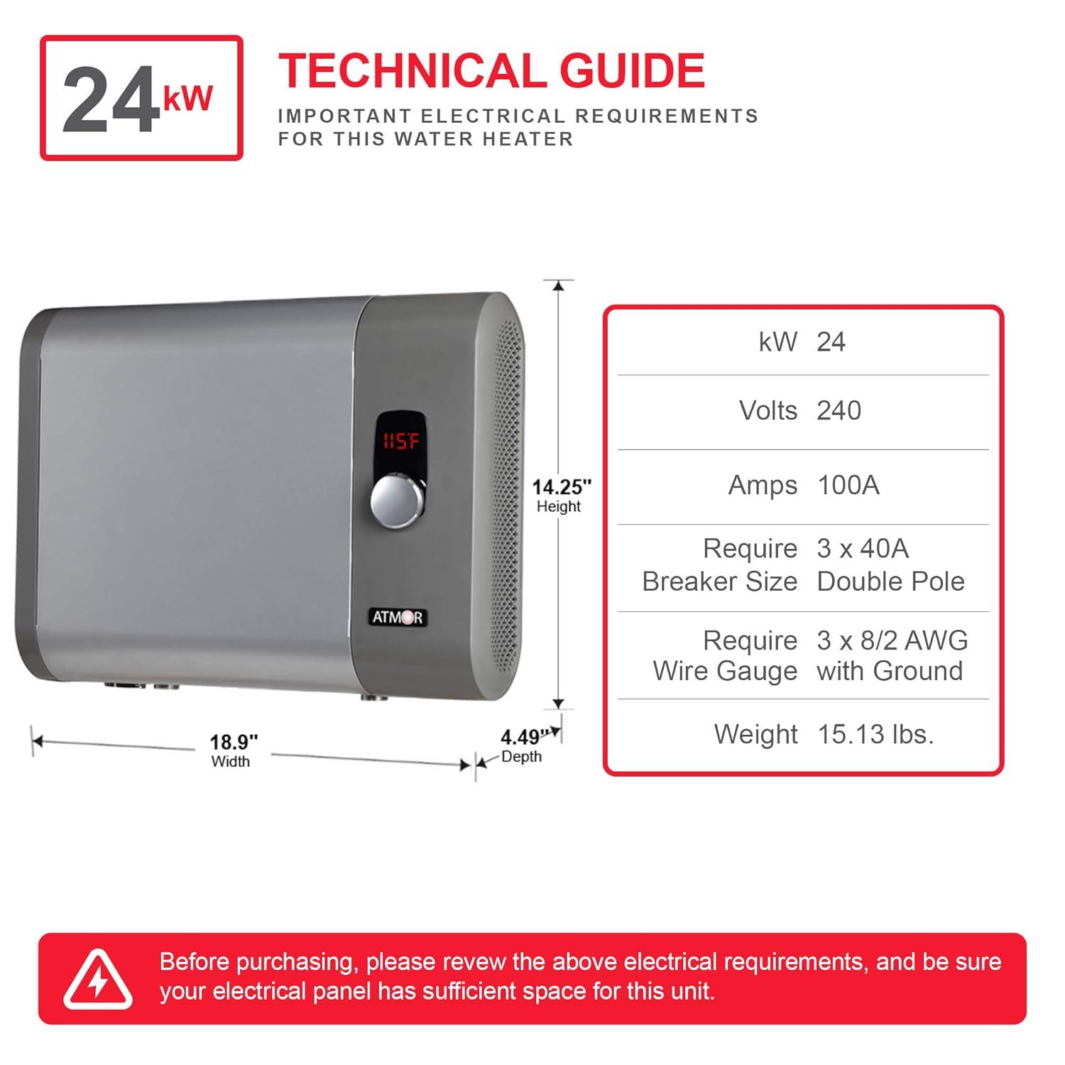 Atmor 24kW 4.65 GPM Electric Tankless Water Heater, ideal for 2 bedroom home, up to 5 simultaneous applications