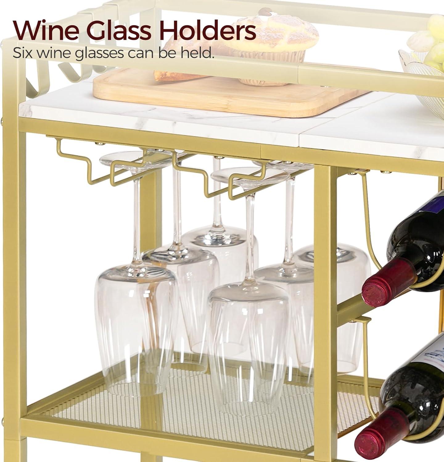 Gold and White 3-Tier Bar Cart with Wine Rack and Glass Holders