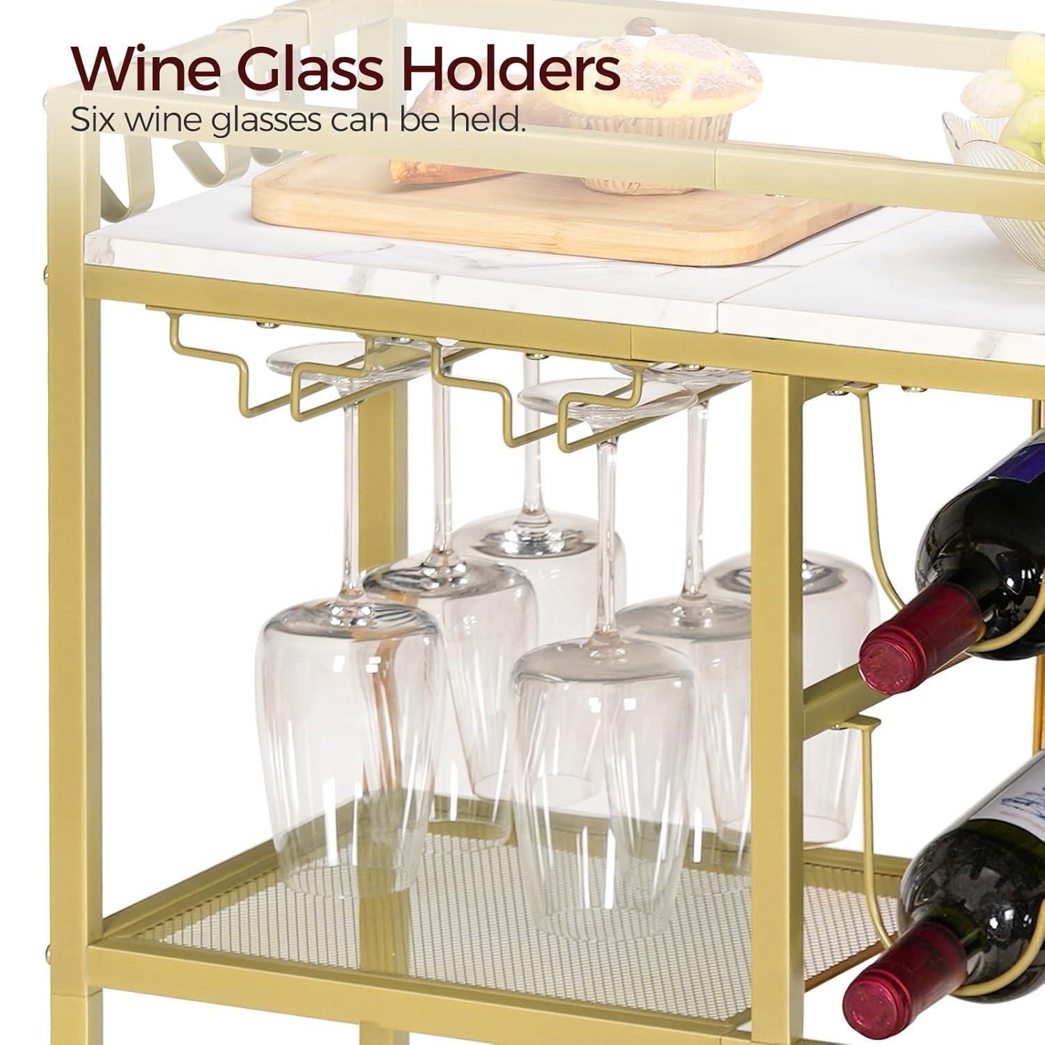 Bar Cart for Home, 3-Tier Serving Cart with Wheels and Handle, Beverage Cart with Wine Rack and Glass Holders, Rolling Wine Cart for Kitchen, Dining Room, Gold and White RCJM6101