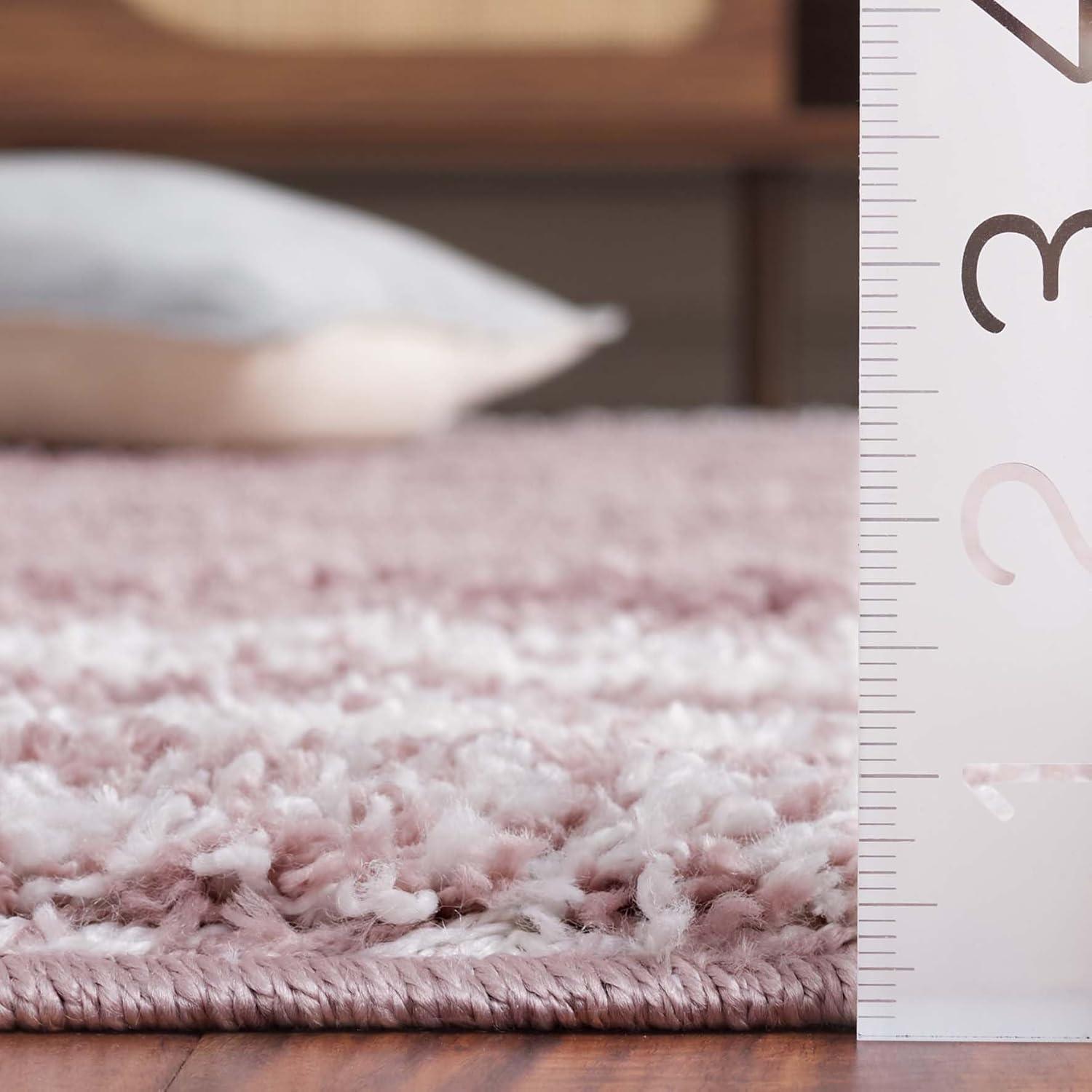 SAFAVIEH Border & Stripe Hyram Bordered Shag Area Rug, Pink/Ivory, 6'7" x 6'7" Round