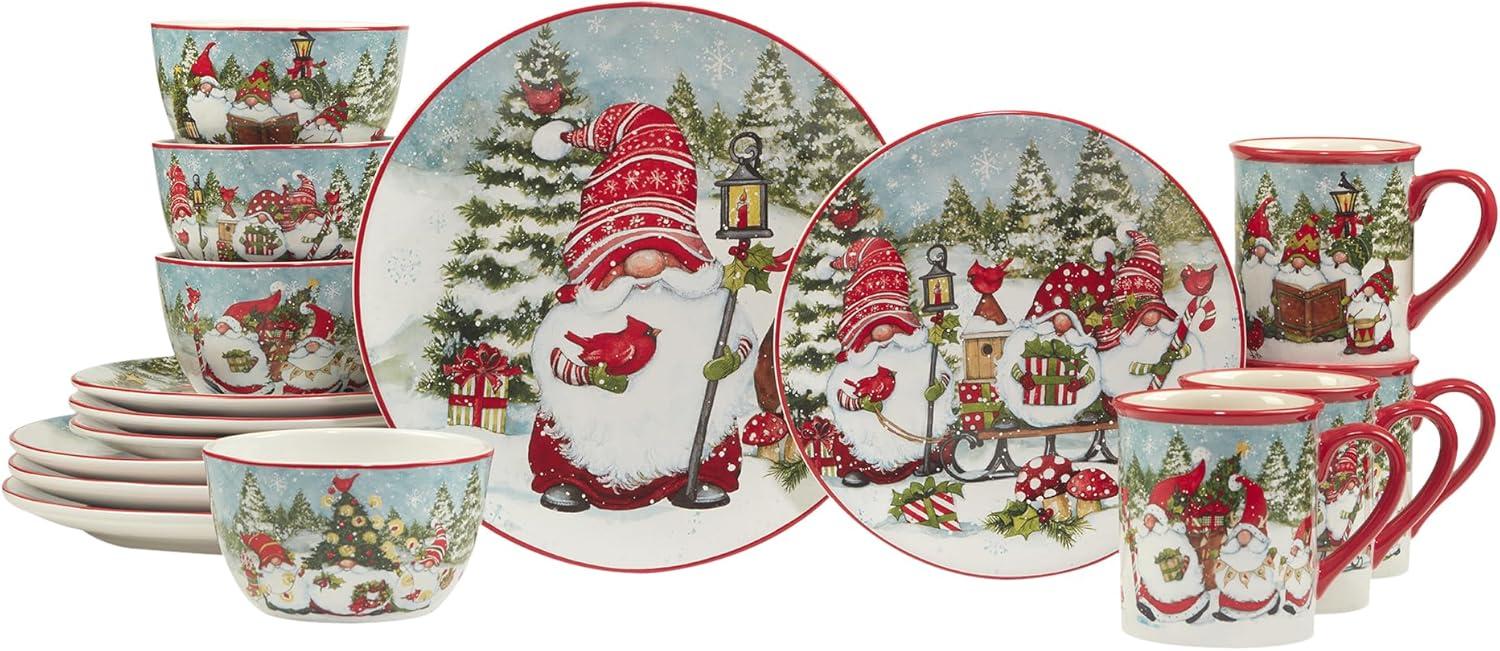 Christmas Gnomes Ceramic Holiday Dinnerware Set, Service for 4