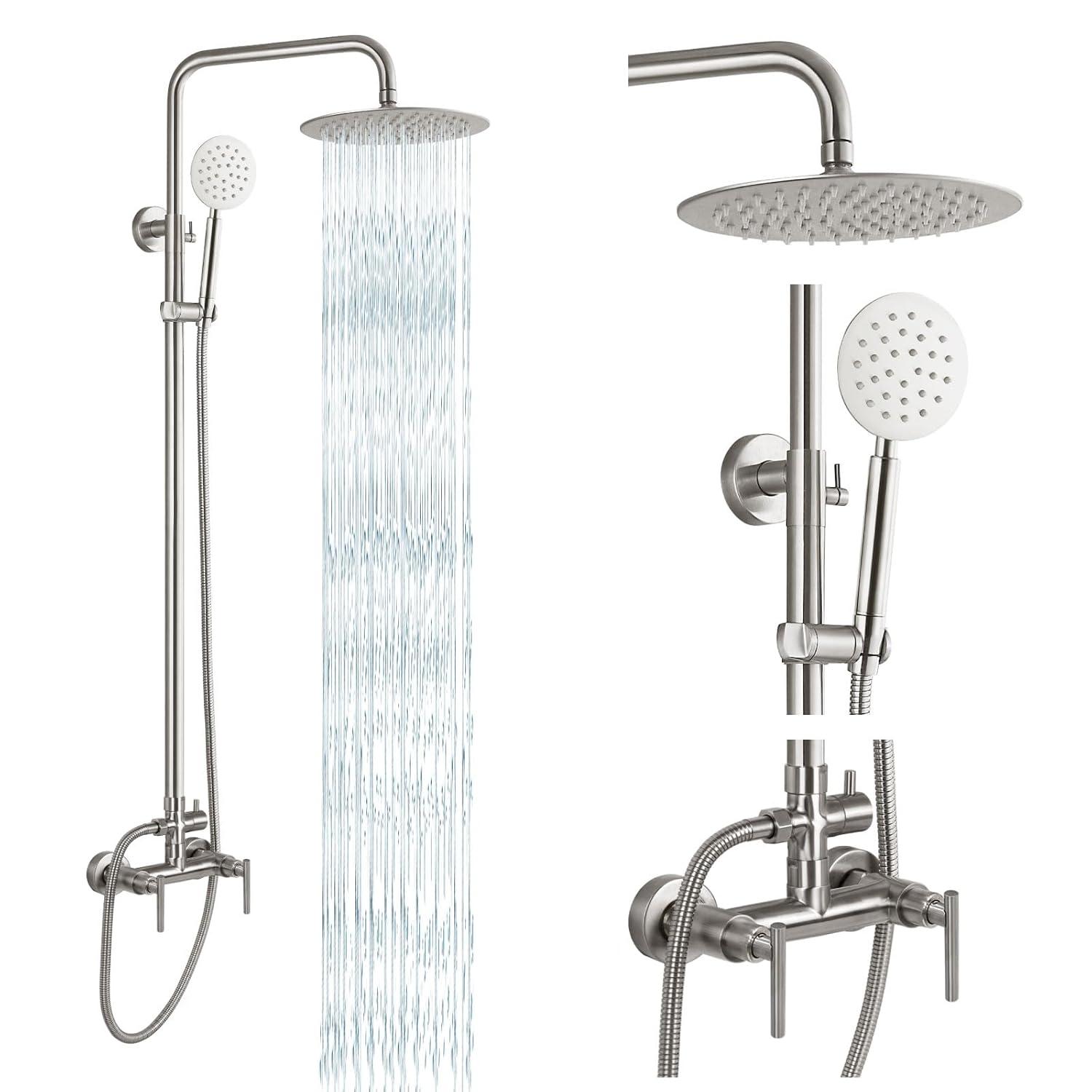 gotonovo SUS304 Outdoor Shower Fixture High Pressure Shower System Combo Wall Mount 2 Dual Function Shower Faucet Set Round Handheld Spray Brushed Nickel Single Handle