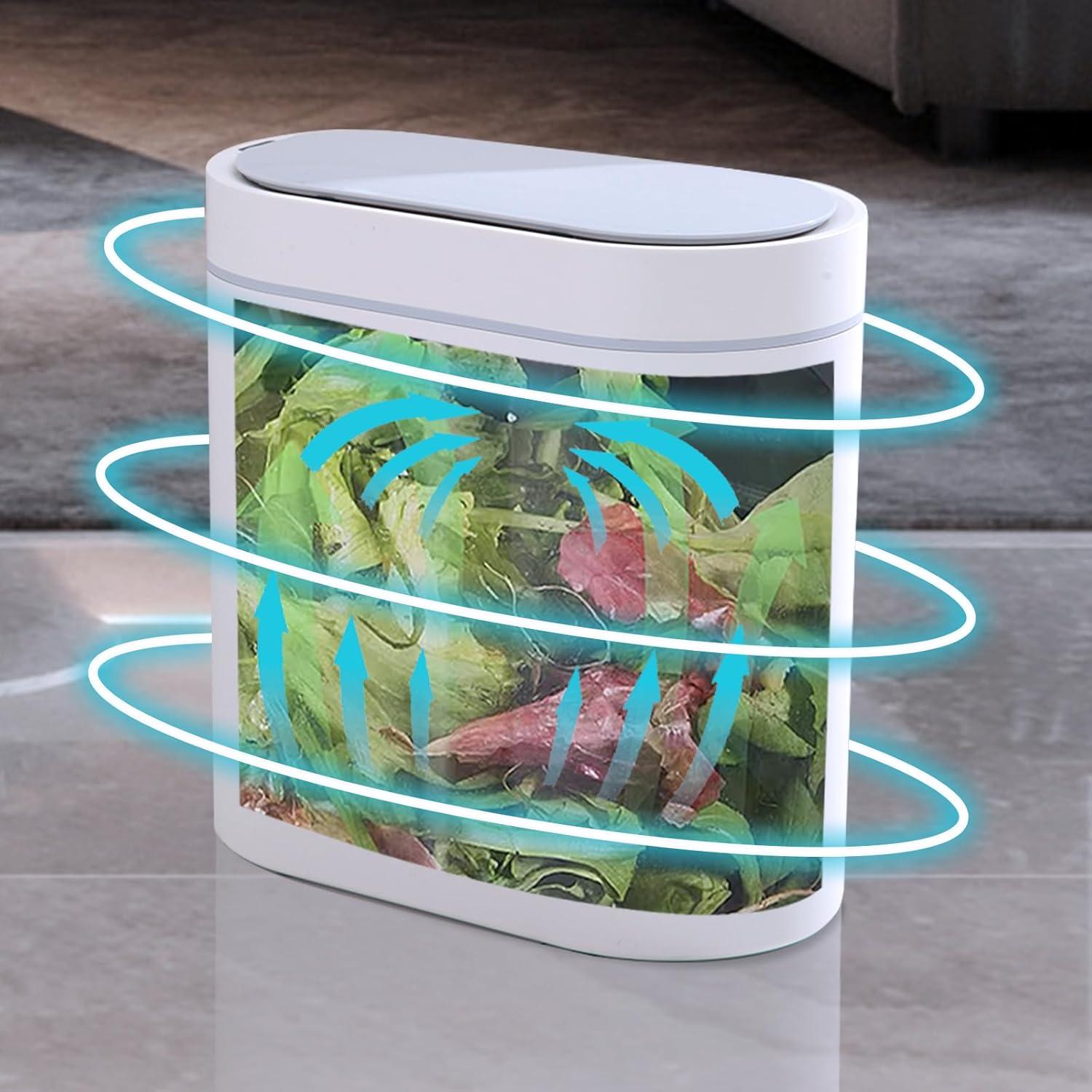 Bathroom Trash Can with Lid 2 Gallon Slim Motion Sensor Garbage Can Narrow Automatic Plastic Trash Bin for Bedroom, Living Room, Toilet, Office (White)