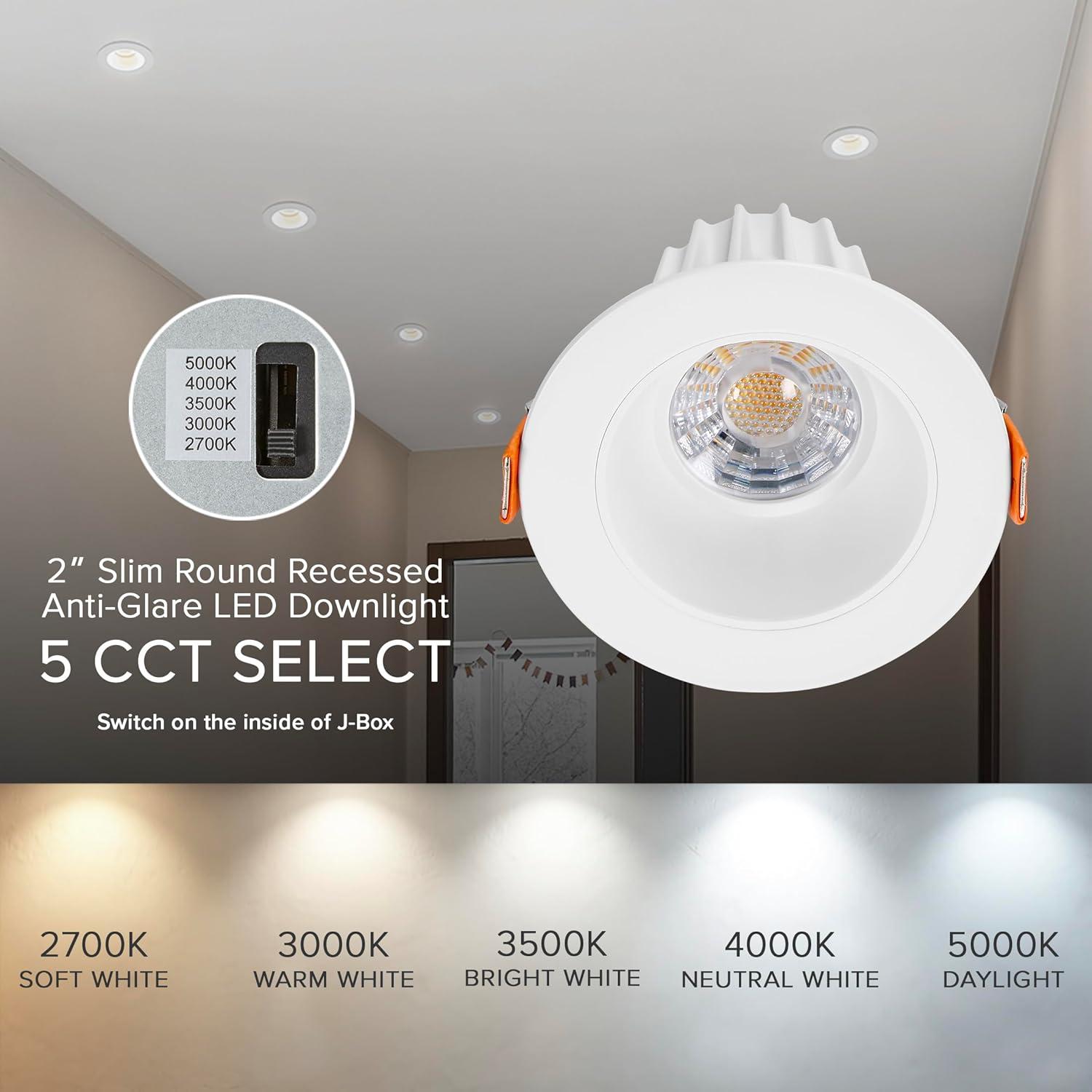 Maxxima 2” Ultra-Thin 5 CCT Recessed Anti-Glare LED Downlight Canless IC Rated 600 Lumens 5 Color Temperature Selectable 2700K/3000K/3500K/4000K/5000K Dimmable Round White Trim 90 CRI, J-Box Included