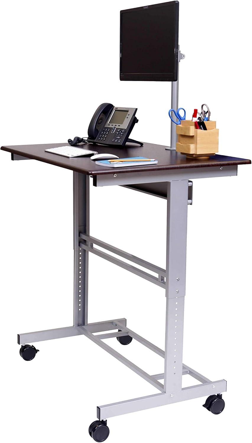 Stand Up Desk Store Rolling Adjustable Height Mobile Standing Desk with Monitor Mount (Silver Frame/Dark Walnut Top, 40" Wide)